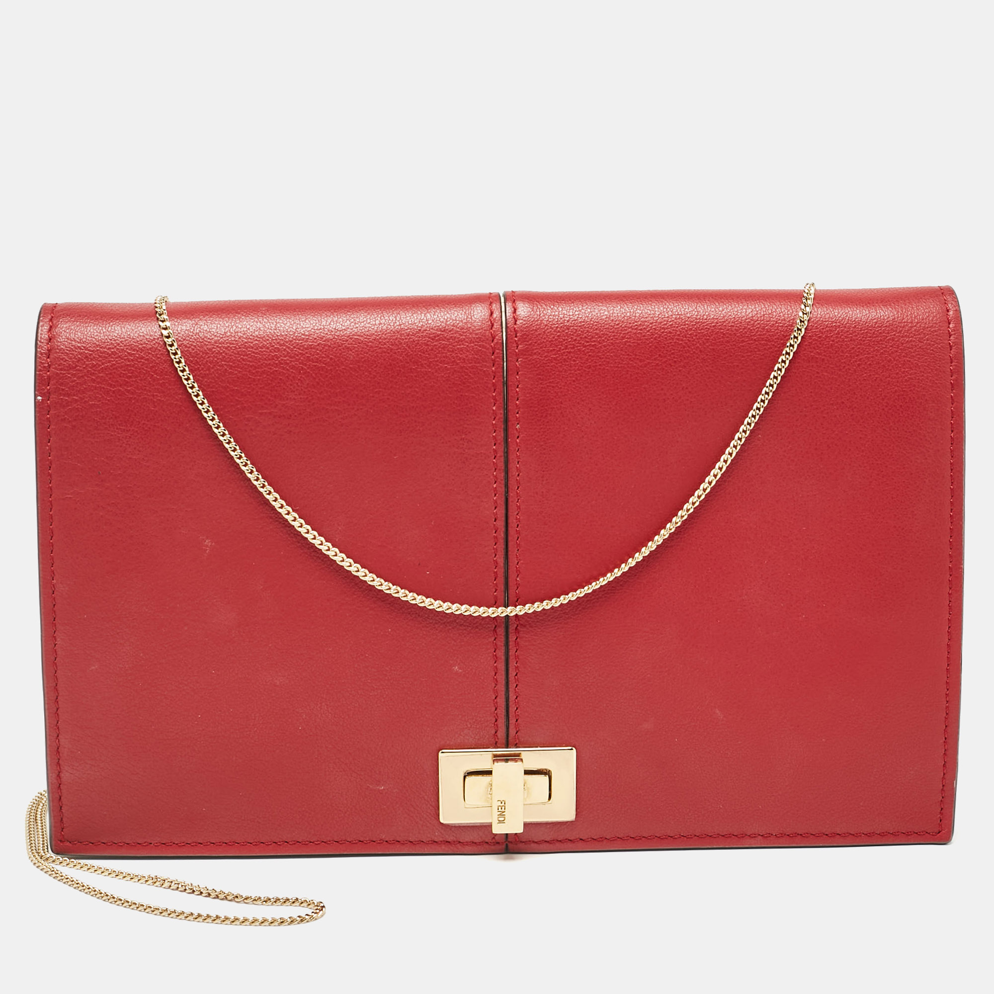 

Fendi Red Leather Peekaboo Chain Clutch