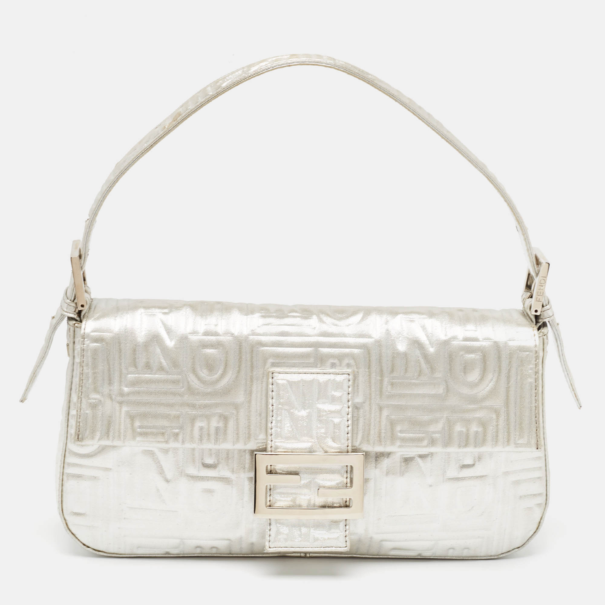 

Fendi Silver Zucca Shimmer Fabric Baguette Flap Bag