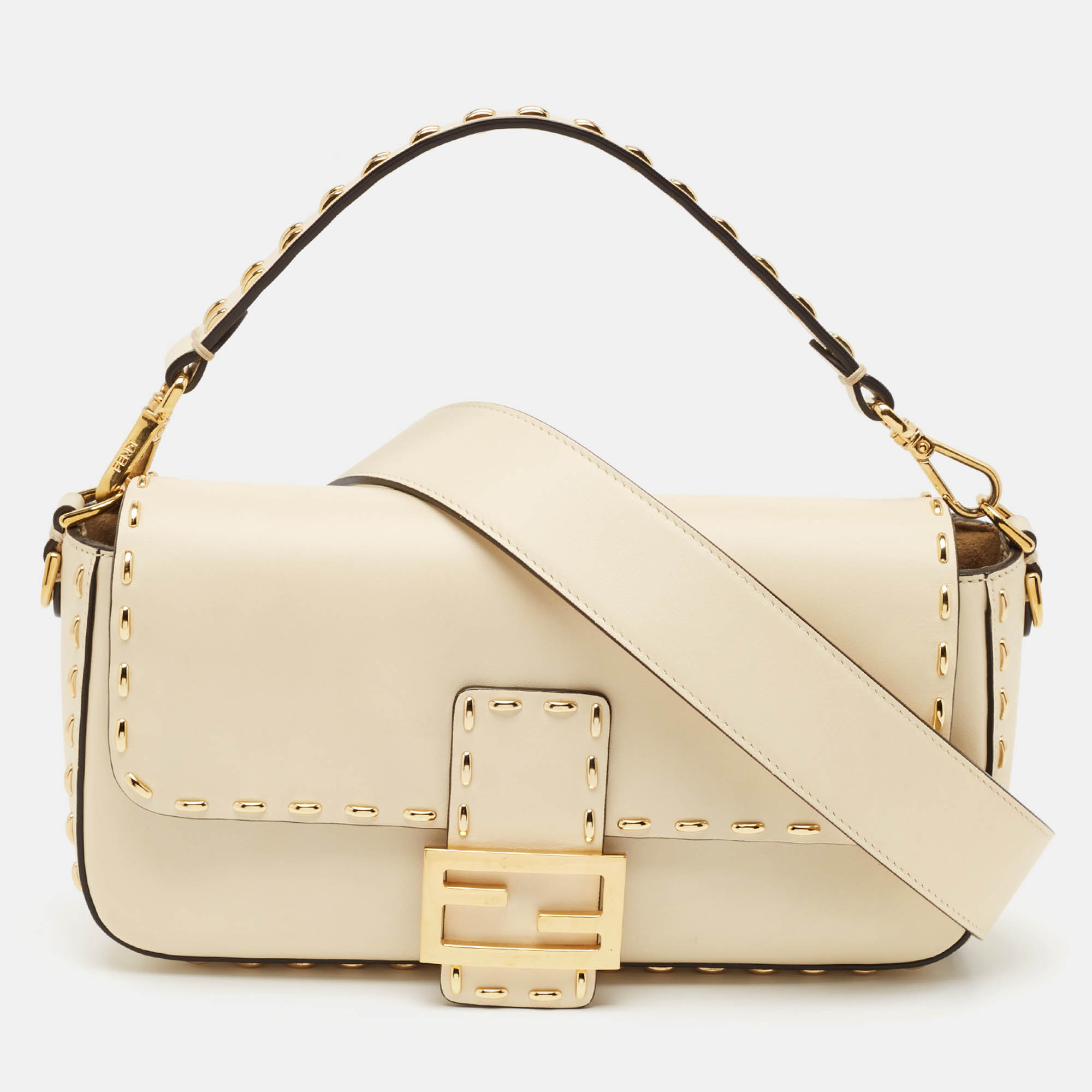 

Fendi Beige Leather Metal Stitch Baguette Bag