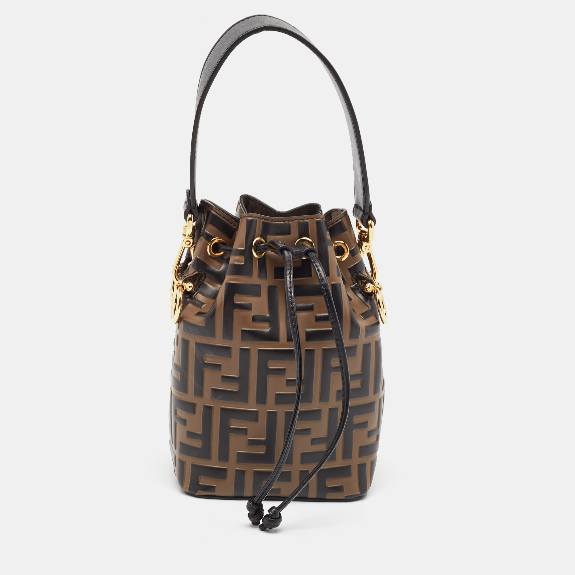 

Fendi Brown/Black Zucca Leather Mini Mon Tresor Drawstring Bucket Bag