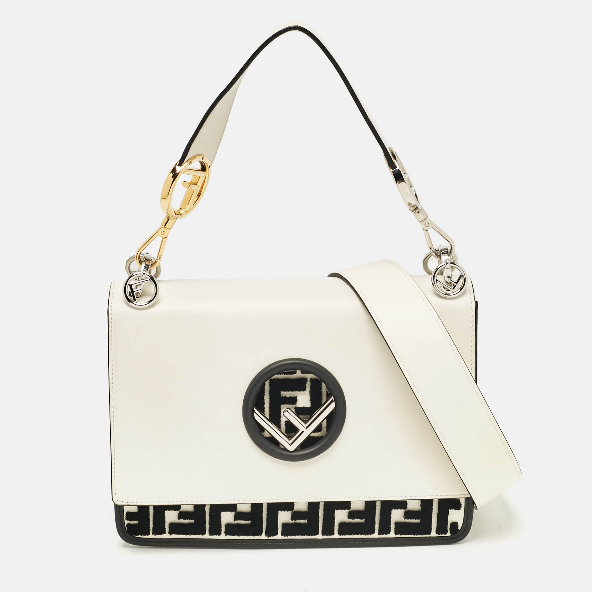 

Fendi White/Black Zucca Leather and Velvet Kan I F Shoulder Bag