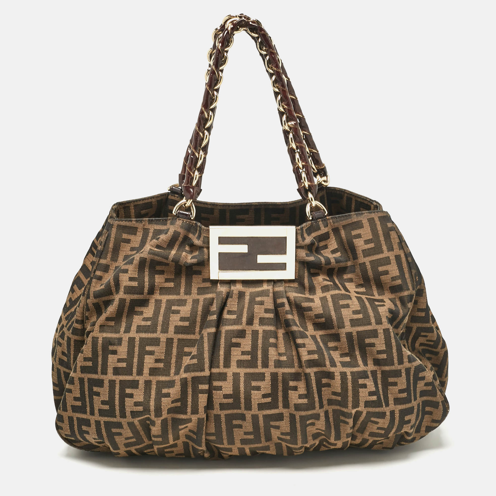 

Fendi Tobacco Zucca Canvas and Patent Leather Large Mia Shoulder Bag, Brown