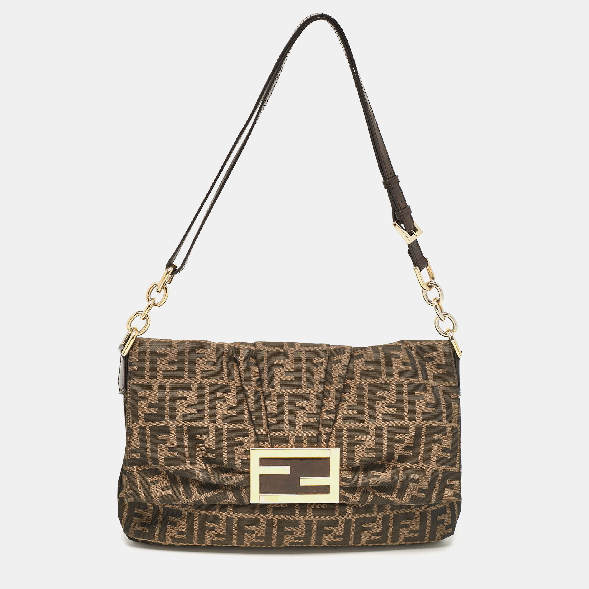 

Fendi Tobacco Zucca Canvas and Patent Leather Mia Flap Shoulder Bag, Brown