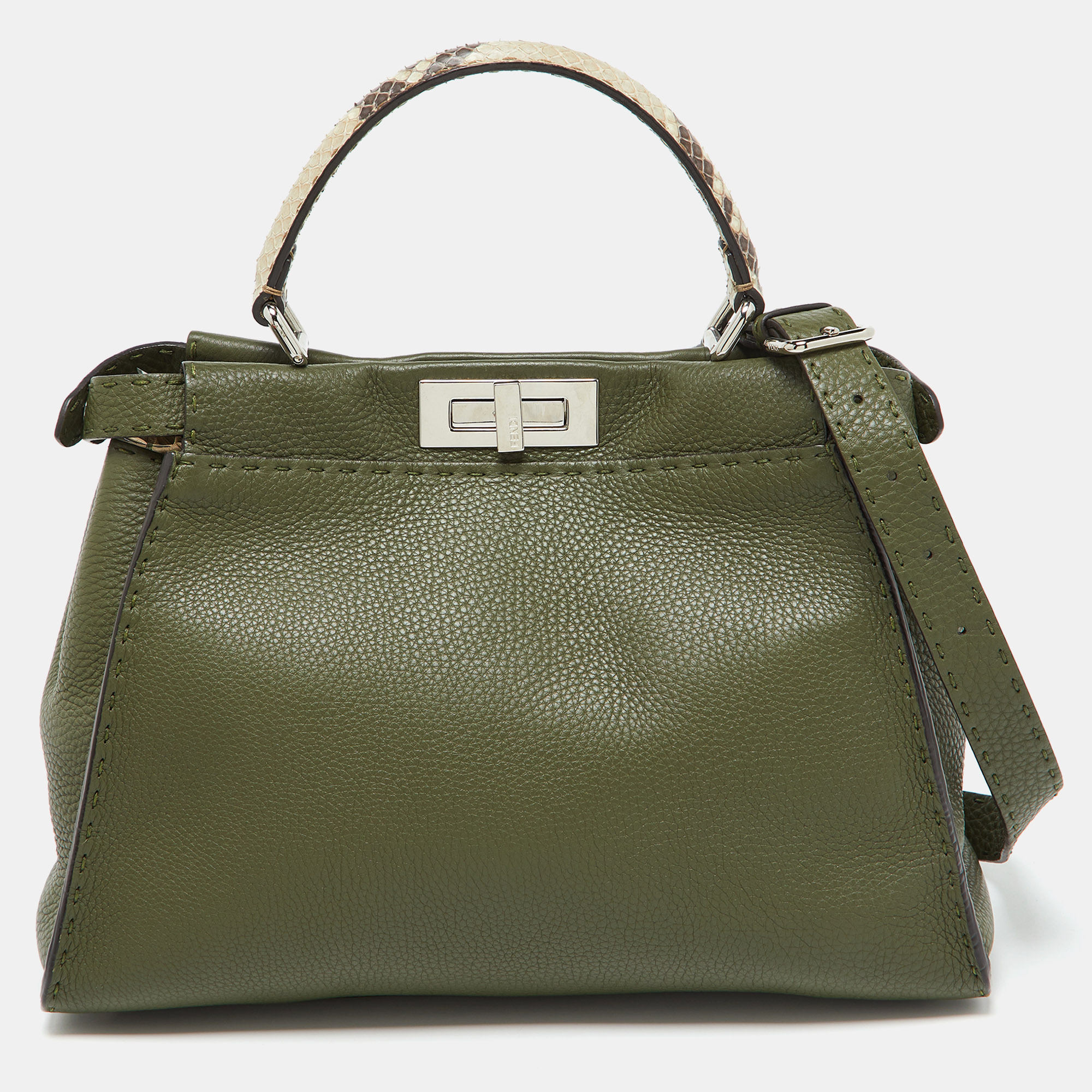 

Fendi Green Leather and Python Medium Peekaboo Top Handle Bag