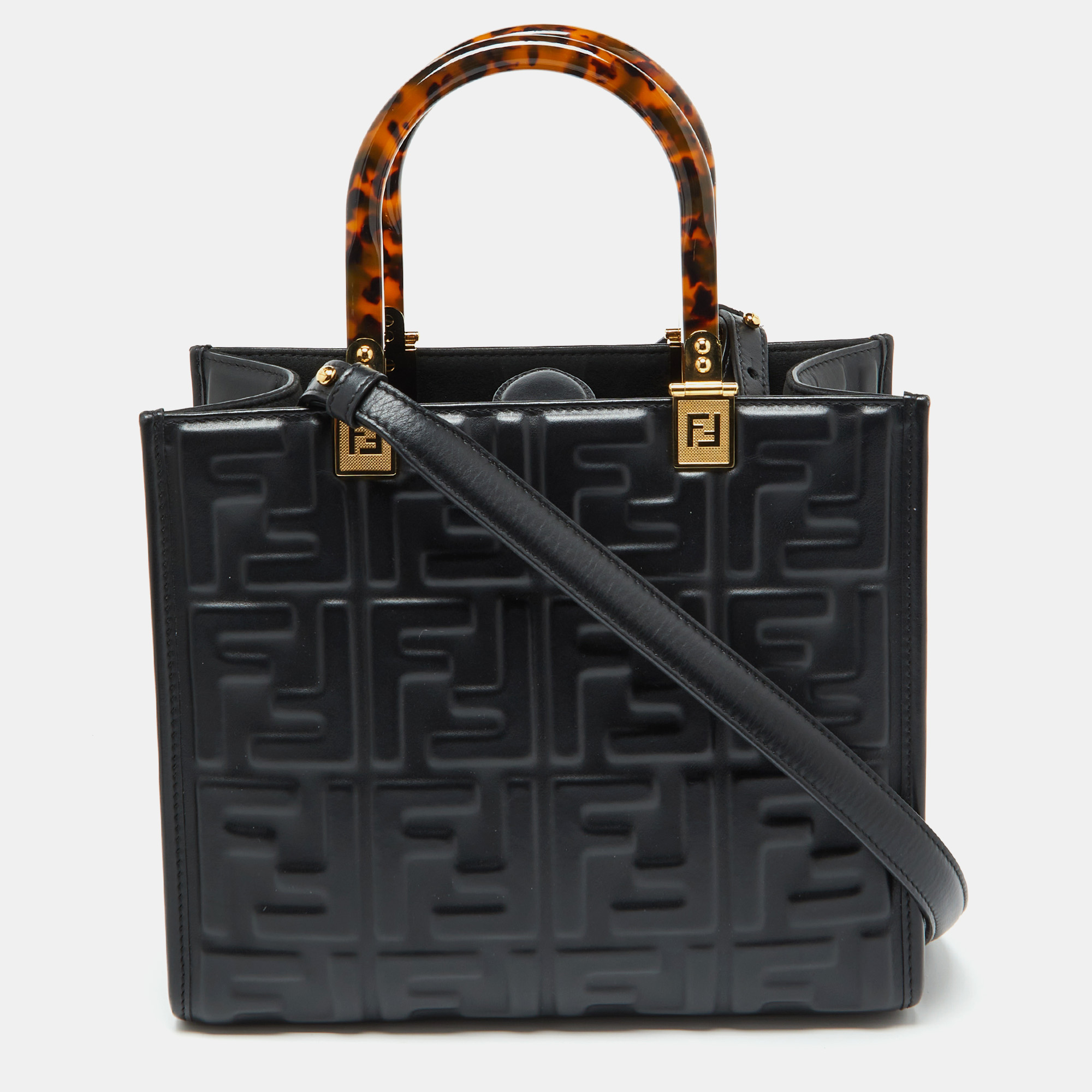 

Fendi Black FF Embossed Leather Small Sunshine Tote