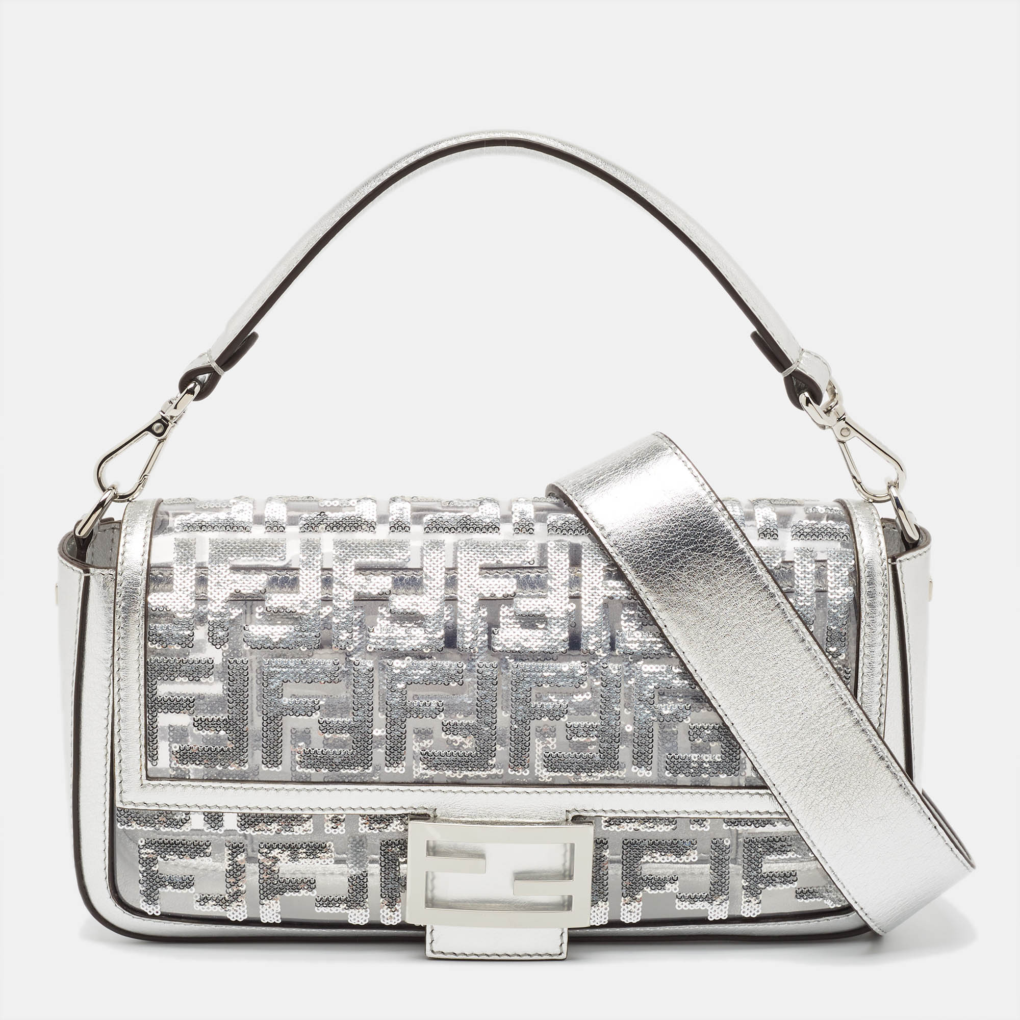 

Fendi Silver Zucca Leather, PVC and Sequins Baguette Bag