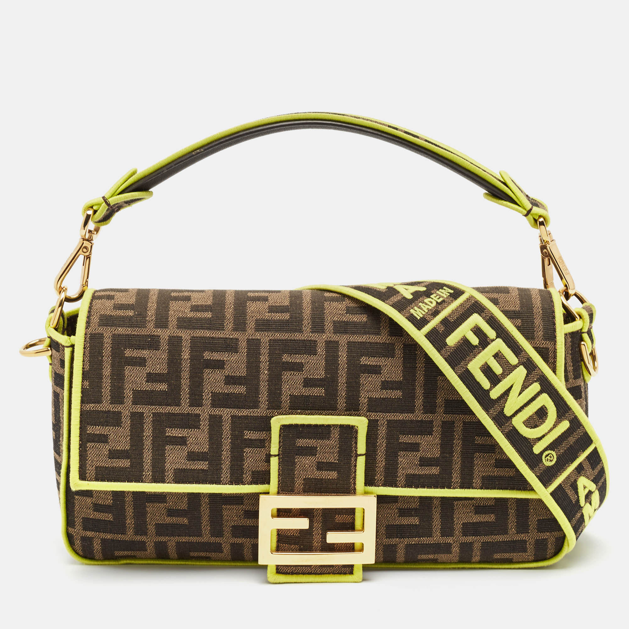 

Fendi Tobacco/Neon Green Zucca Jacquard Canvas  Baguette Bag, Brown