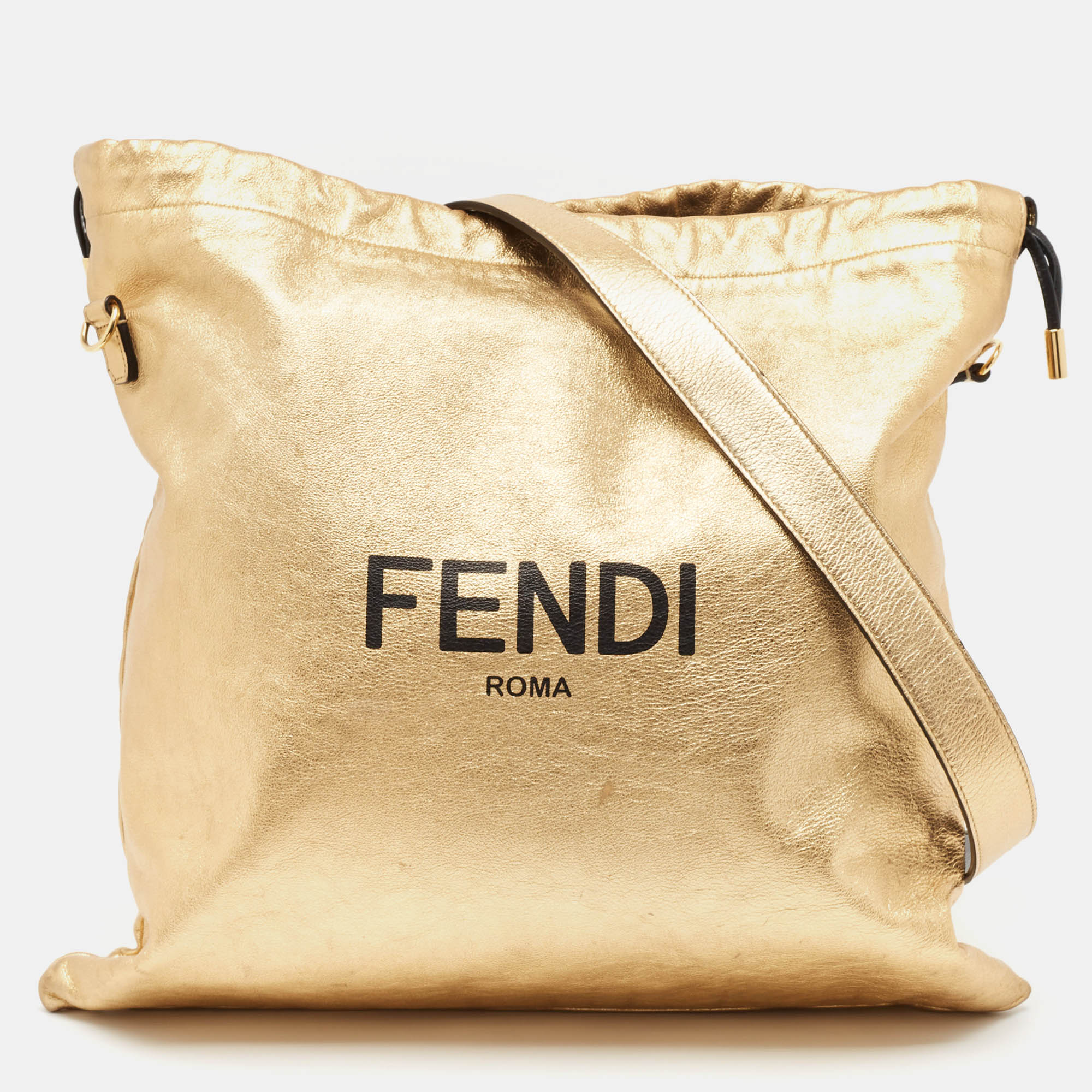 

Fendi Gold Leather Logo Drawstring Shoulder Bag