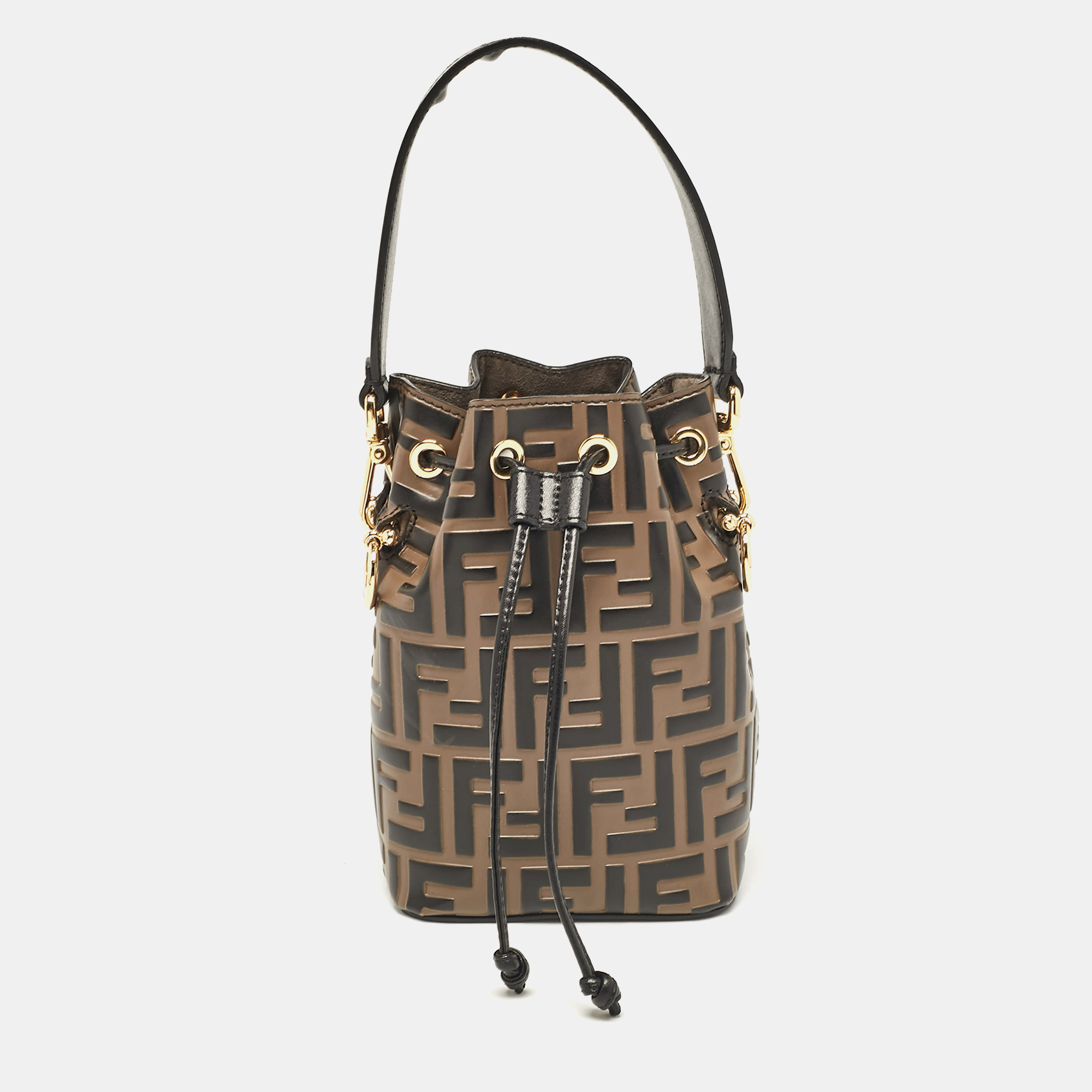 

Fendi Brown/Black Zucca Leather Mini Mon Tresor Drawstring Bucket Bag