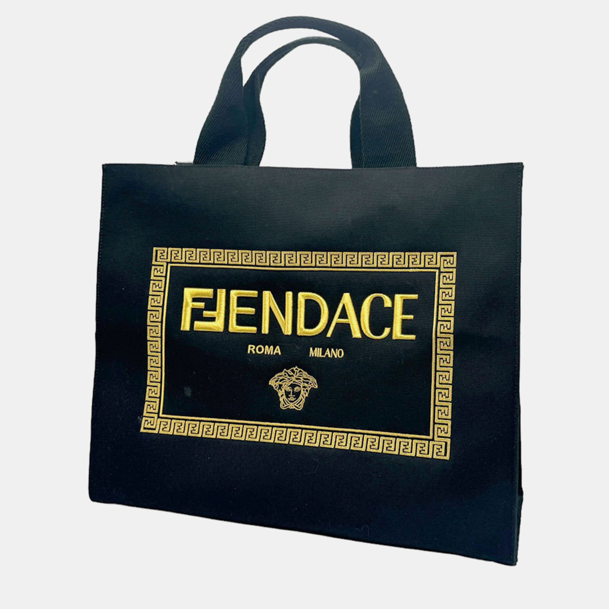 

Fendi canvas black gold tote handbag