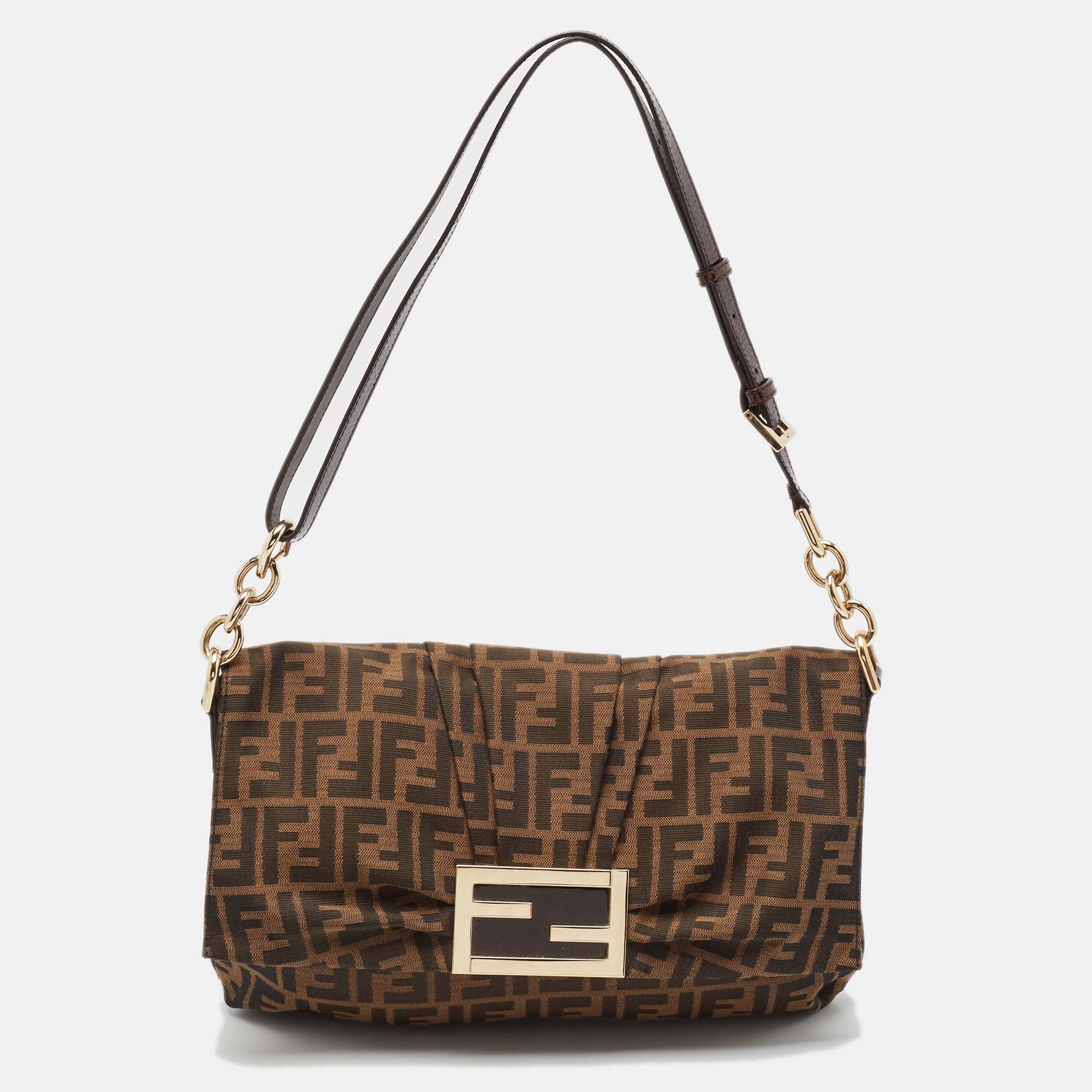 

Fendi Tobacco Zucca Canvas and Patent Leather Mia Flap Shoulder Bag, Brown