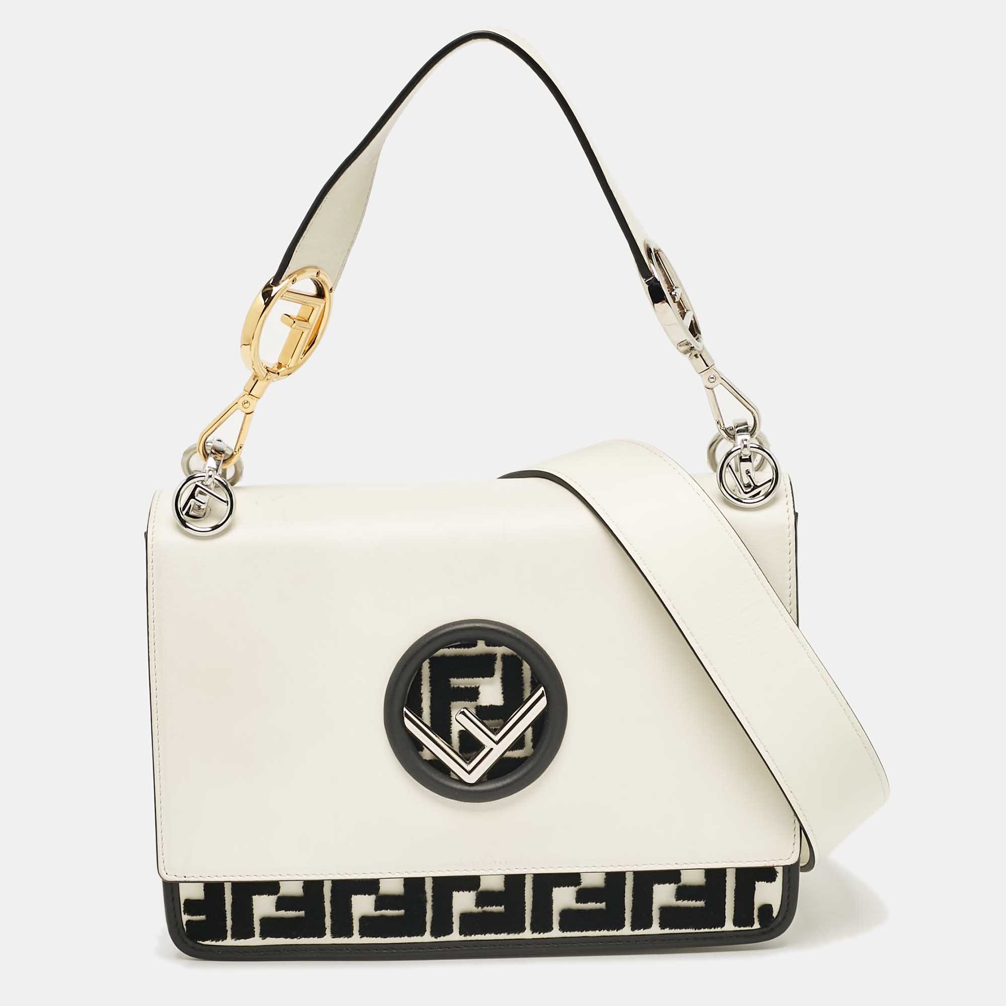 

Fendi White/Black Zucca Velvet and Leather Kan I F Logo Top Handle Bag