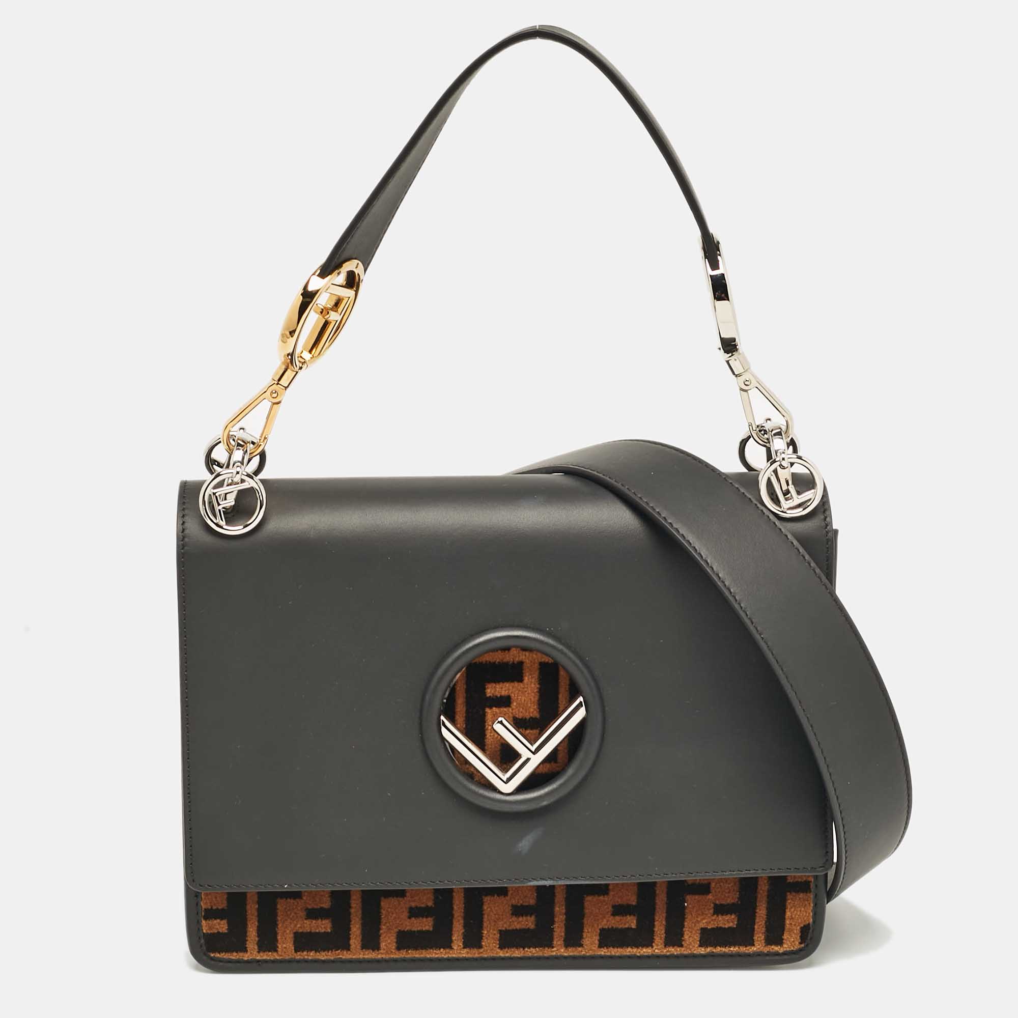 

Fendi Black/Brown Zucca Leather and Velvet Kan I F Logo Top Handle Bag