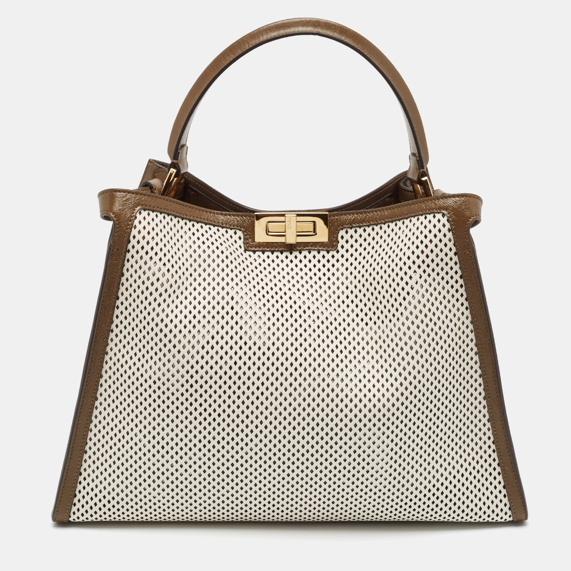 

Fendi Khaki/White Perforated Leather  X Lite Peekaboo Top Handle Bag