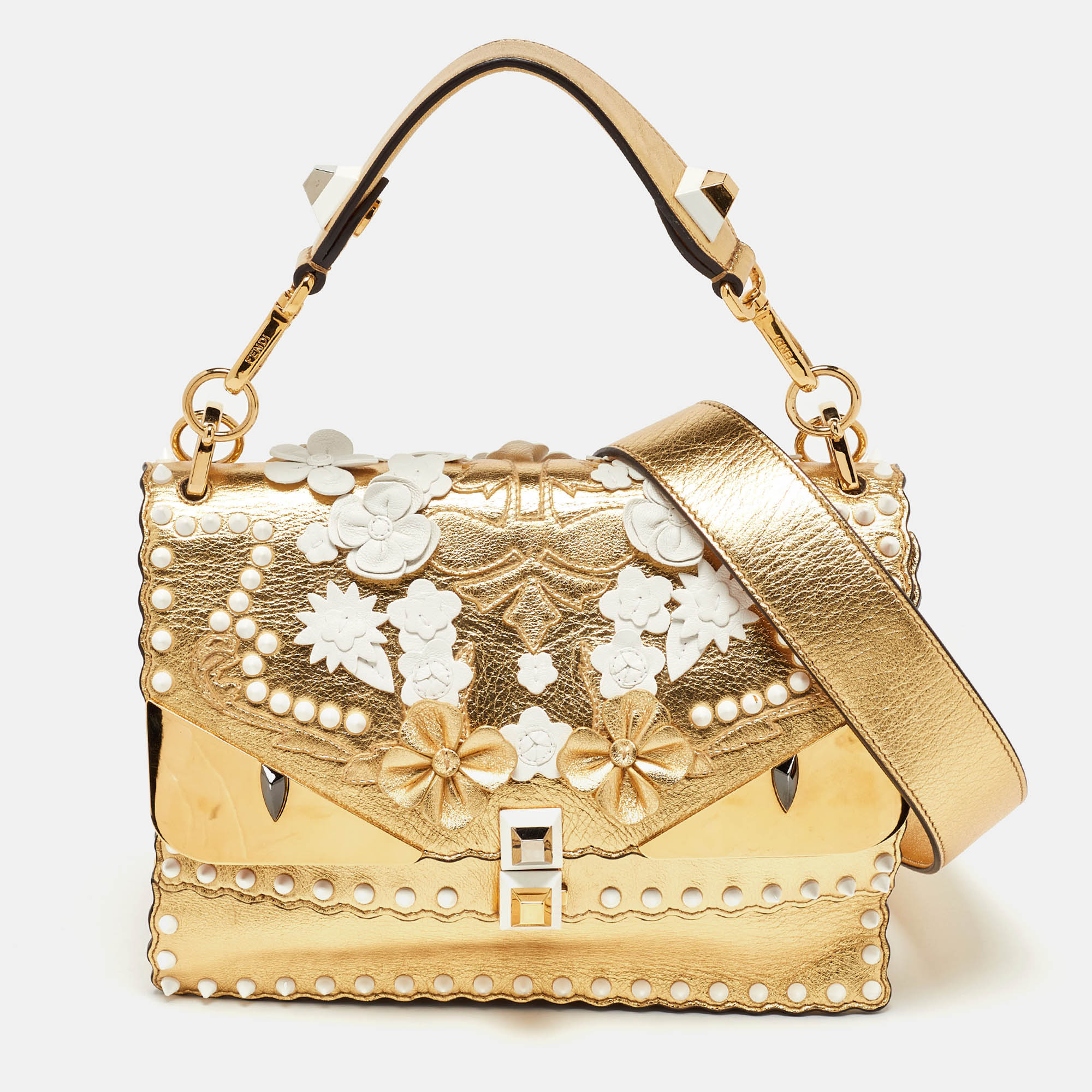 

Fendi Gold Leather Floral Studded Wonder Monster Kan I Shoulder Bag