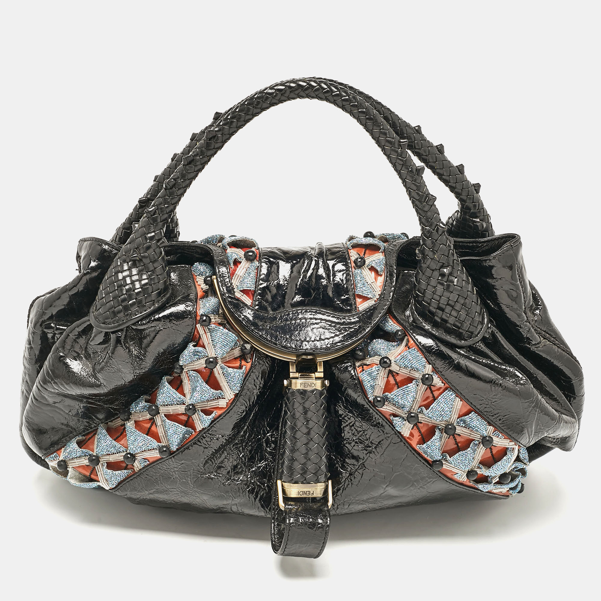 

Fendi Black Patent Leather Beads Embellished Spy Hobo