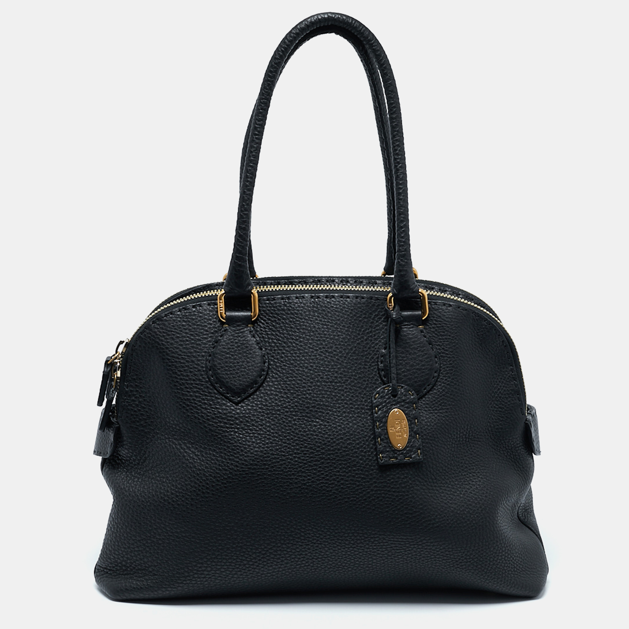 

Fendi Black Selleria Leather Double Zip Satchel