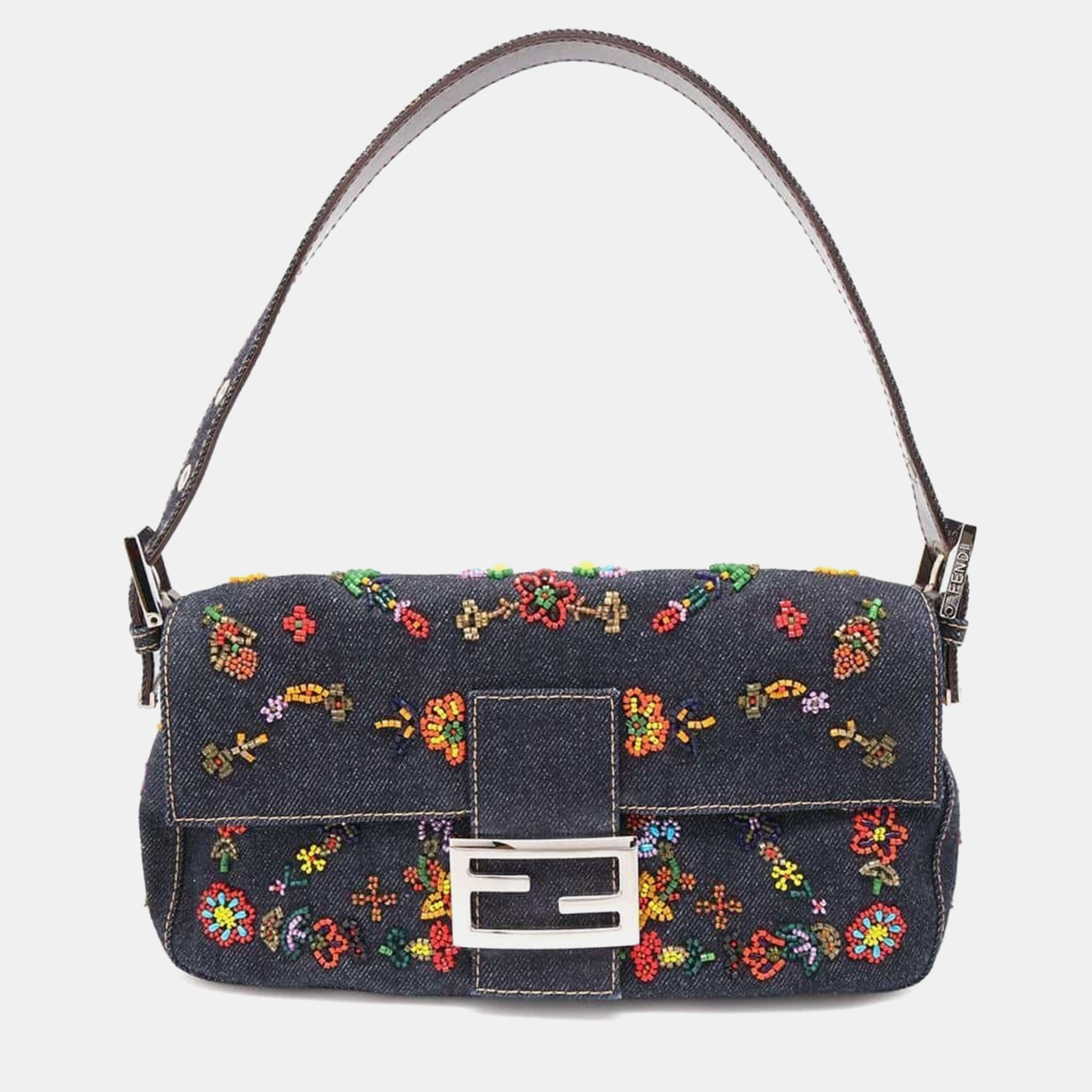 

Fendi Mamma Bucket Denim Beads Flower Shoulder Bag, Navy blue