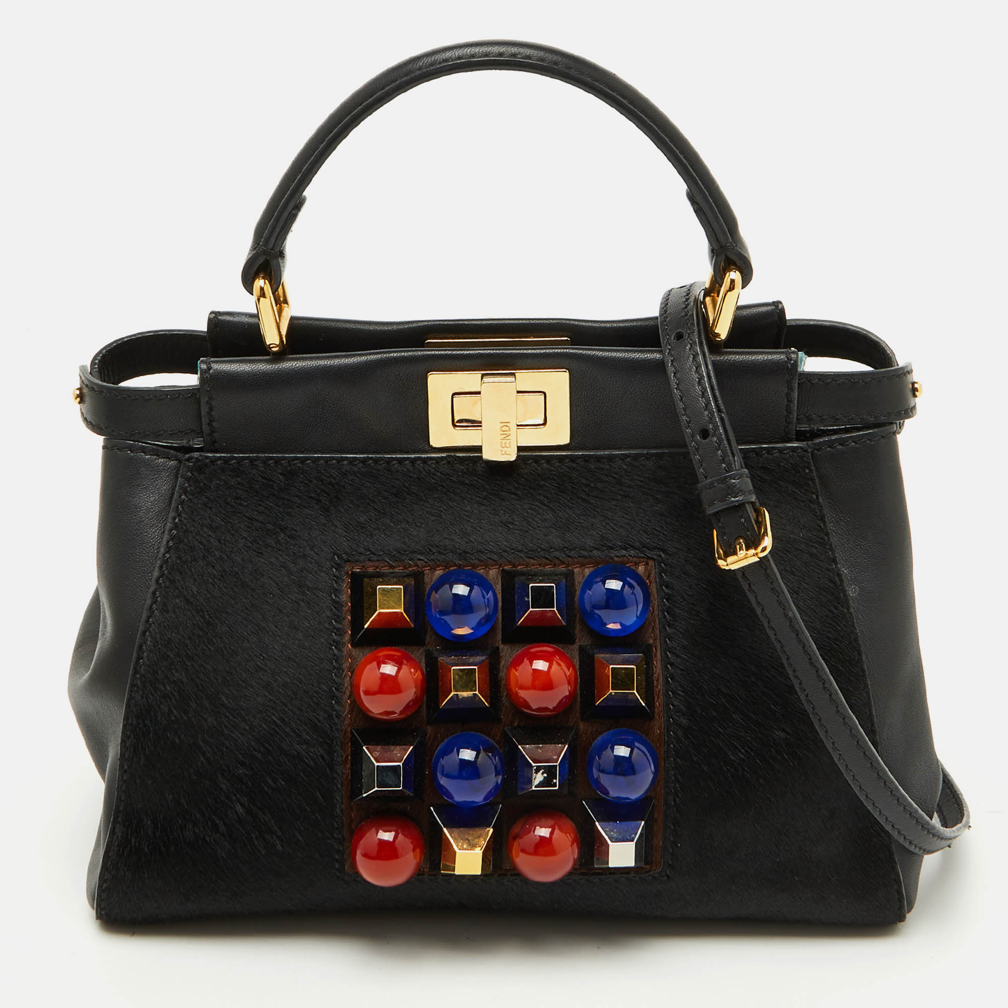 

Fendi Black Leather and Calf Hair Studs Mini Peekaboo Top Handle Bag