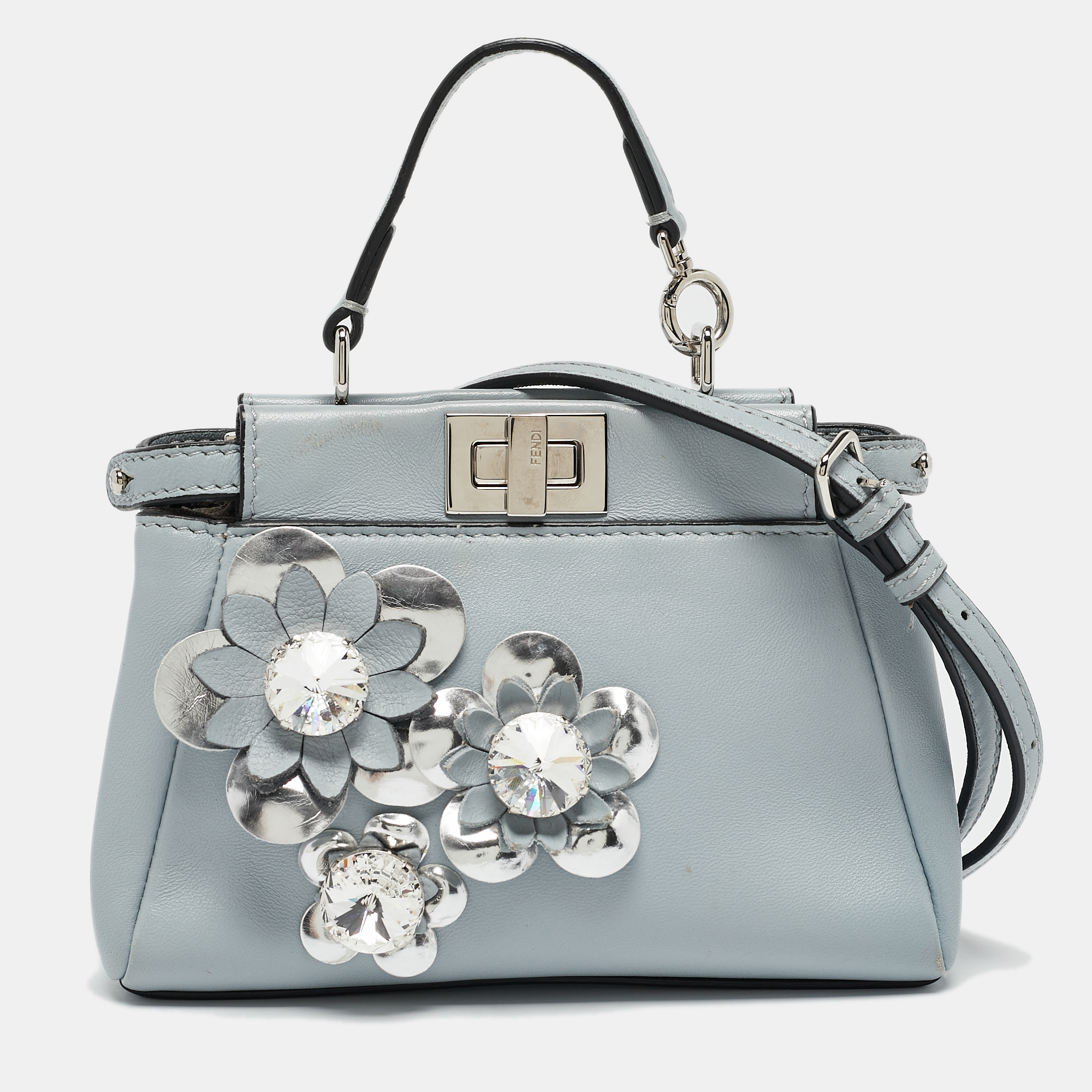 

Fendi Light Blue/Silver Leather Micro Crystal Flowerland Peekaboo Top Handle Bag