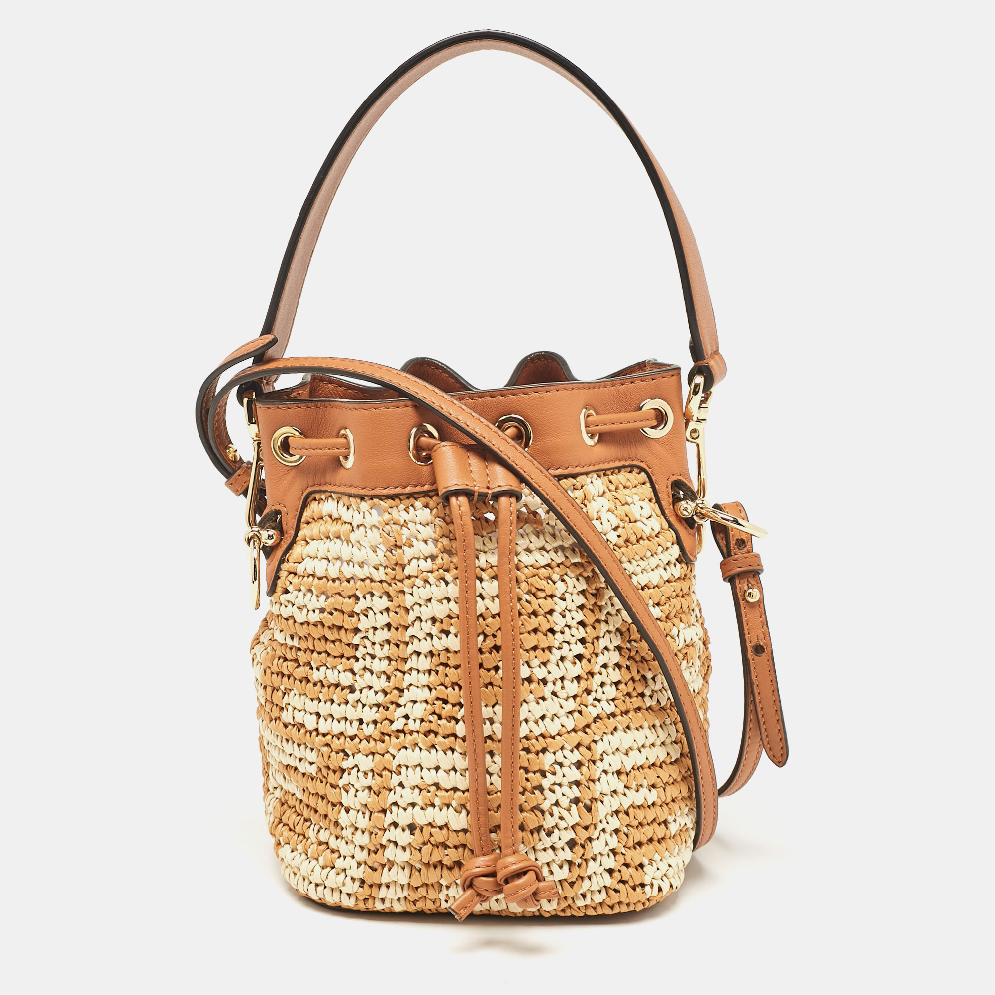 

Fendi Brown/Beige Zucca Leather and Raffia Mini Mon Tresor Drawstring Bucket Bag