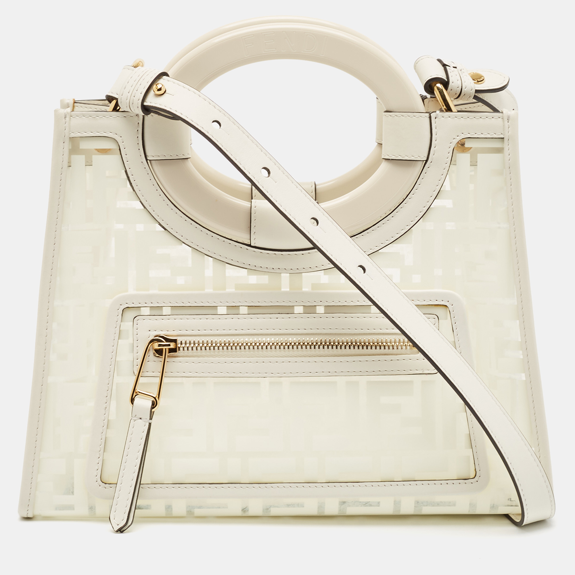 Pre-owned Fendi Transparent/off White Zucca Pvc And Leather Small Runaway Shopper Tote