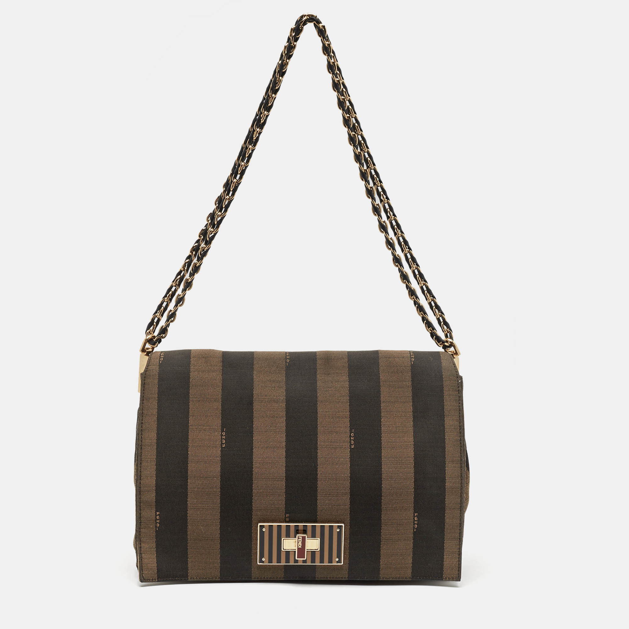 

Fendi Tobacco Pequin Stripe Canvas  Claudia Shoulder Bag, Brown