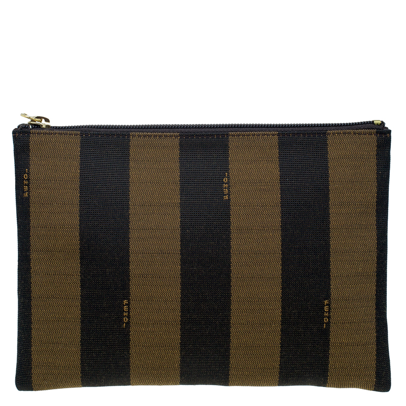 Fendi Tobacco Pequin Striped Canvas Cosmetic Pouch