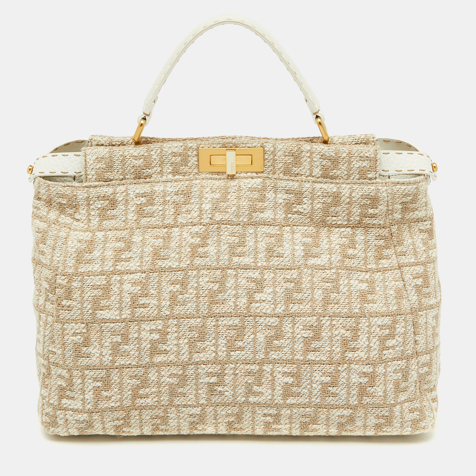 

Fendi Beige/White Zucca Fabric and Leather Large Selleria Peekaboo Top Handle Bag