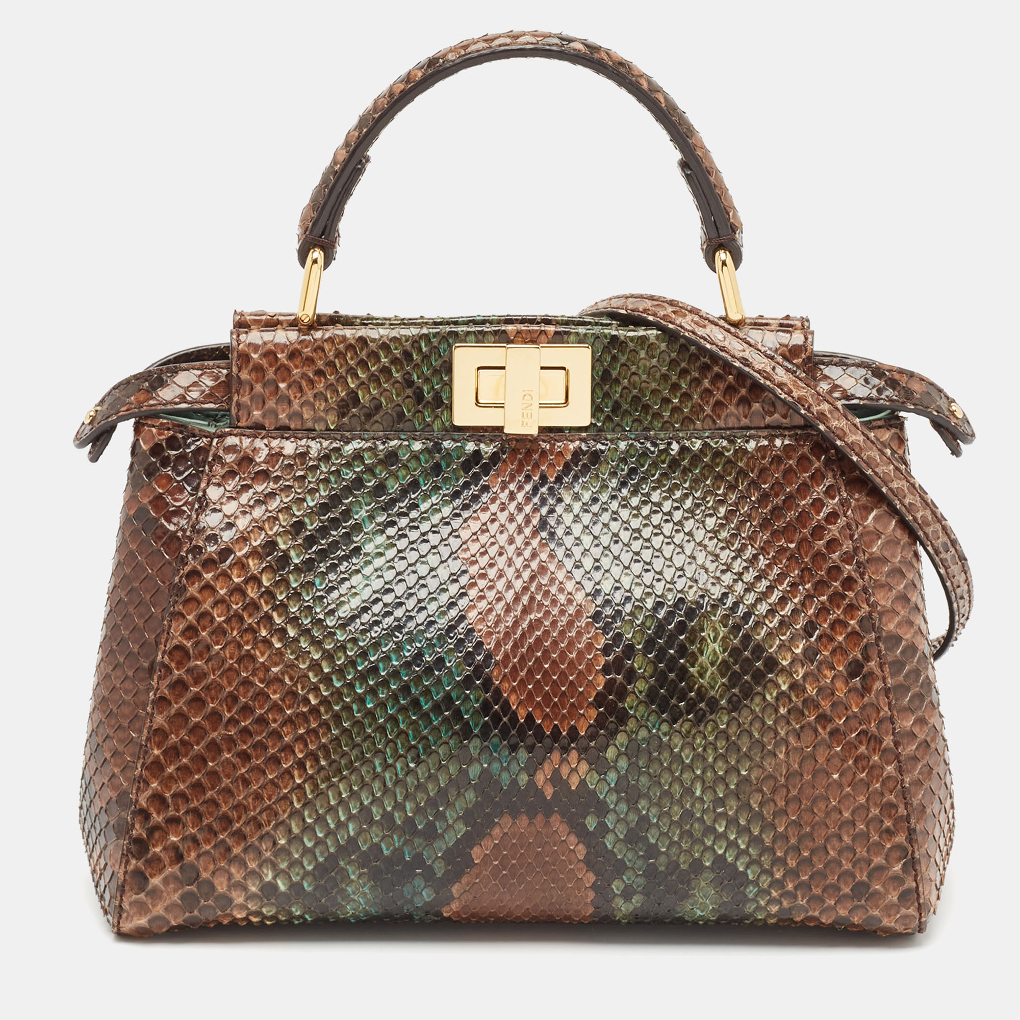 

Fendi Brown/Green Python Mini Peekaboo Top Handle Bag