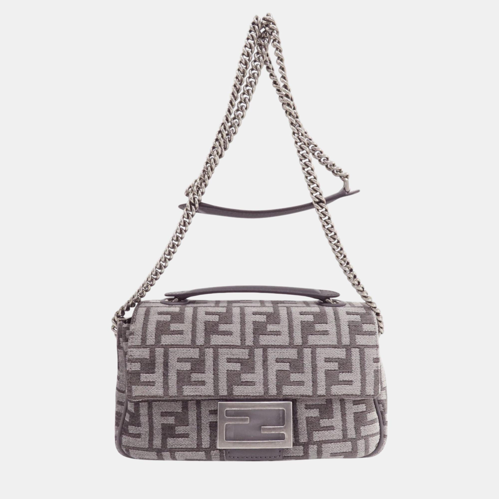 

Fendi Baguette Chain Midi Ff Tapestry Shoulder Bag Polyester Viscose X Cotton, Grey