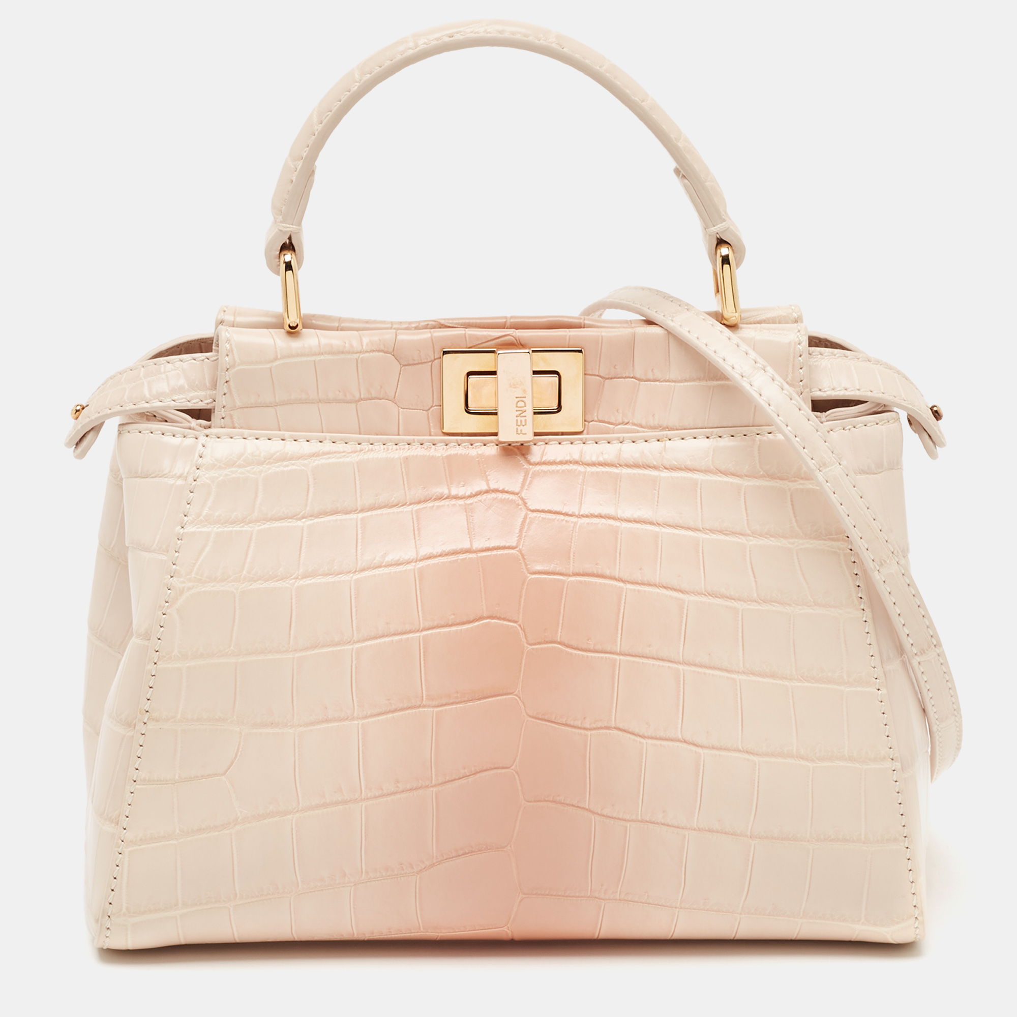 

Fendi Shiny Beige Crocodile Mini Peekaboo Top Handle Bag