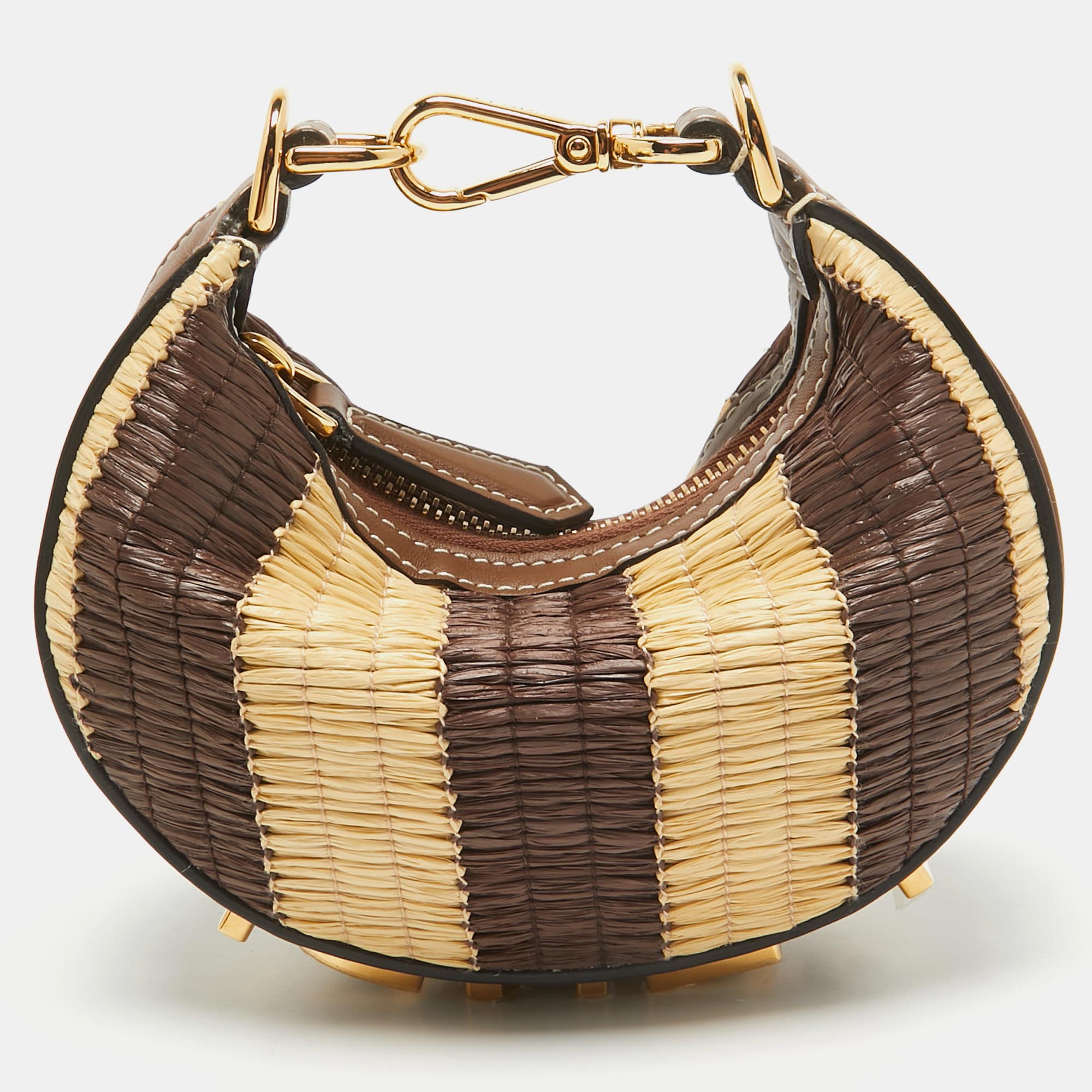 

Fendi Brown/Cream Leather and Raffia Nano Fendigraphy Hobo