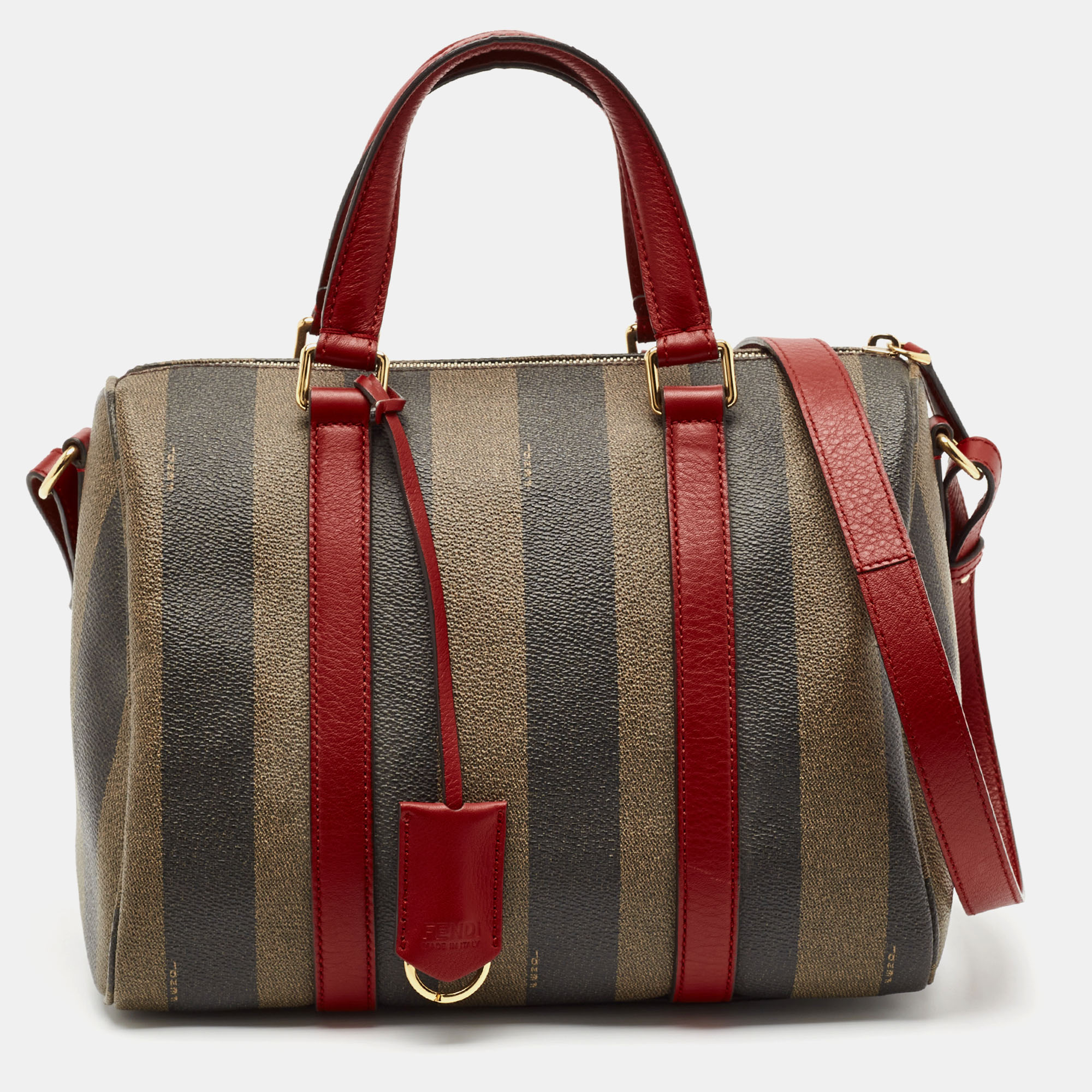 

Fendi Tobacco Pequin Striped Coated Canvas and Leather Boston Bag, Brown