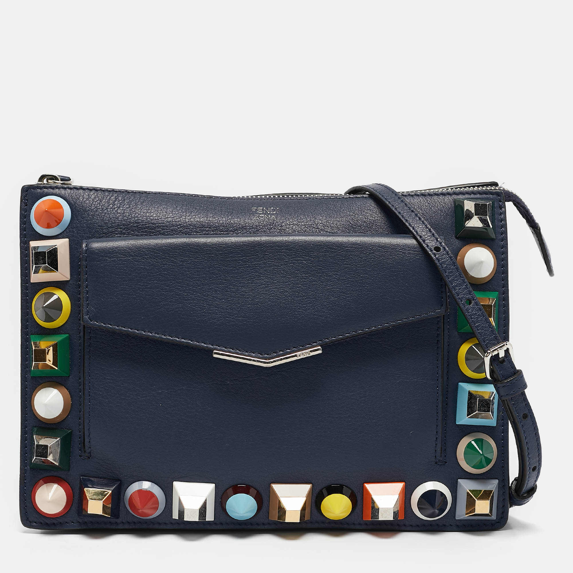 

Fendi Navy Blue Leather Rainbow Studded Crossbody Bag