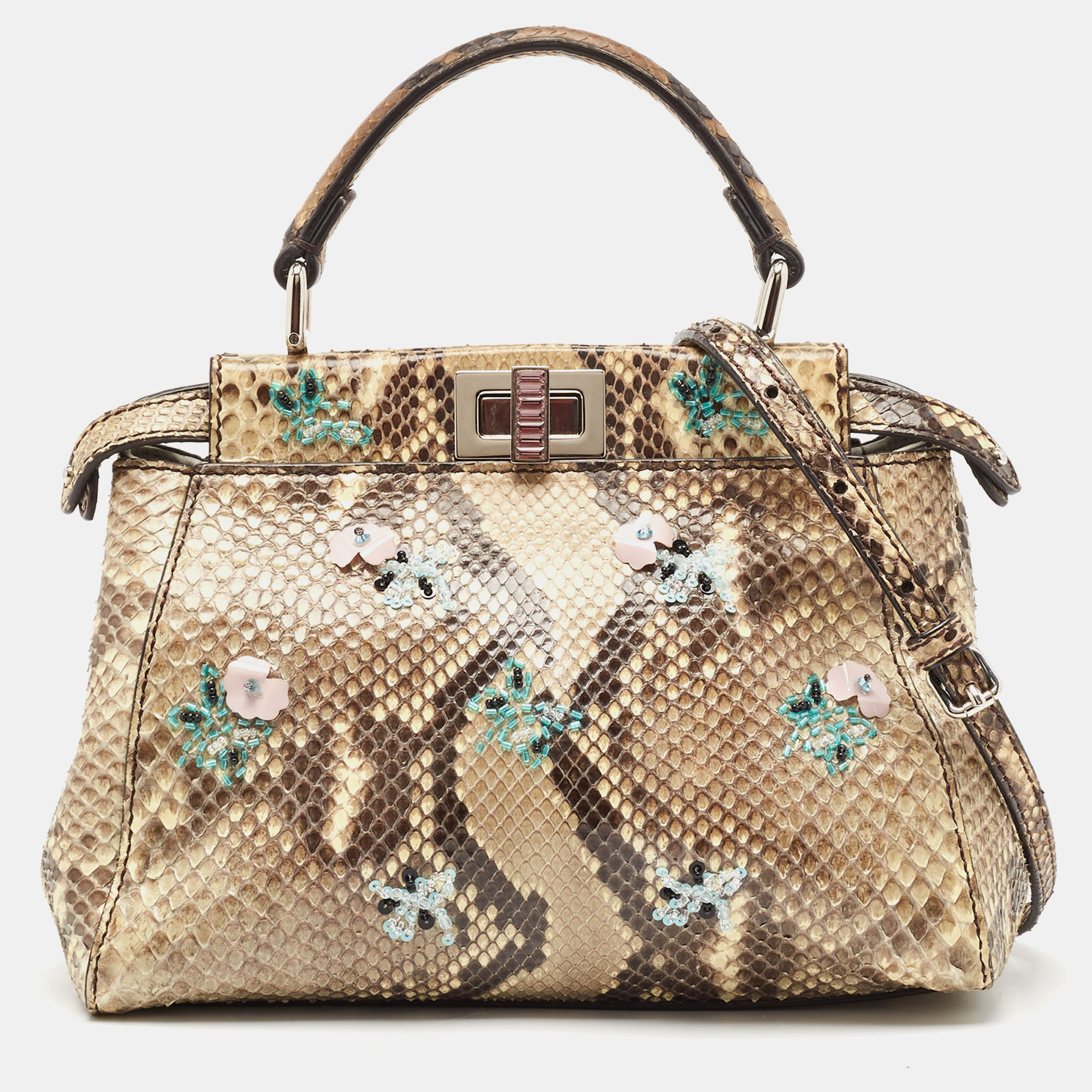 

Fendi Beige/Black Python Mini Embellished Peekaboo Top Handle Bag