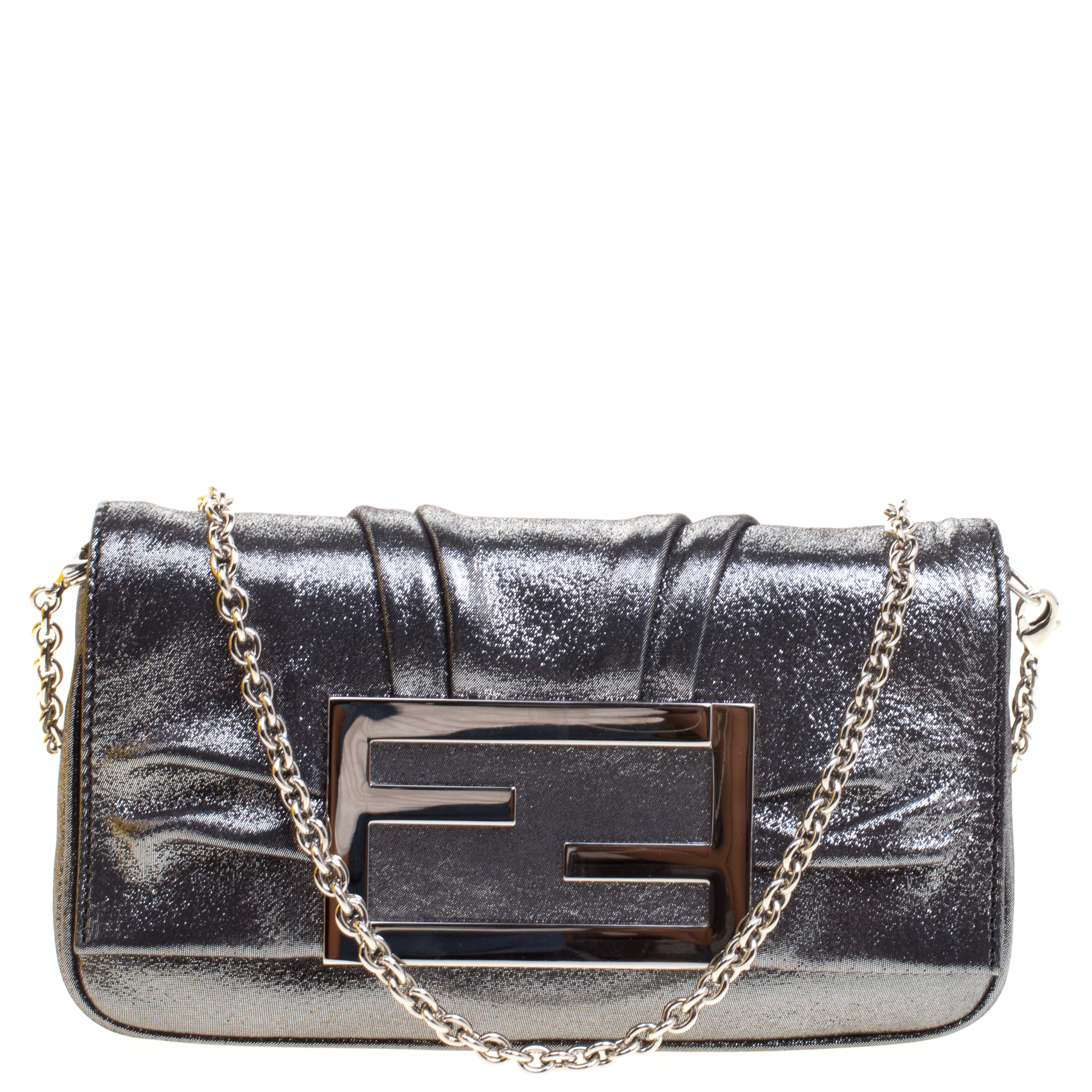 Pre Owned Fendi Metallic Grey Fabric Mia Pochette Bag