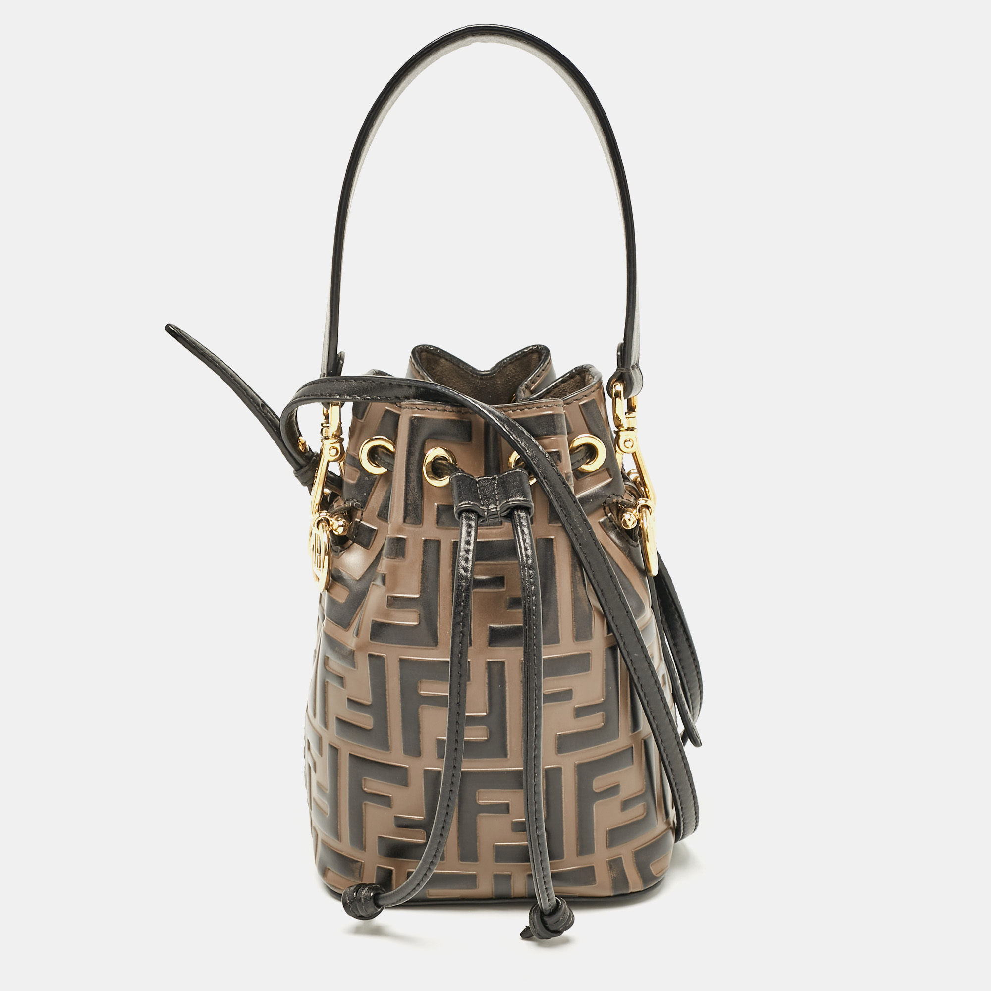 

Fendi Brown/Black Zucca Leather Mini Mon Tresor Drawstring Bucket Bag