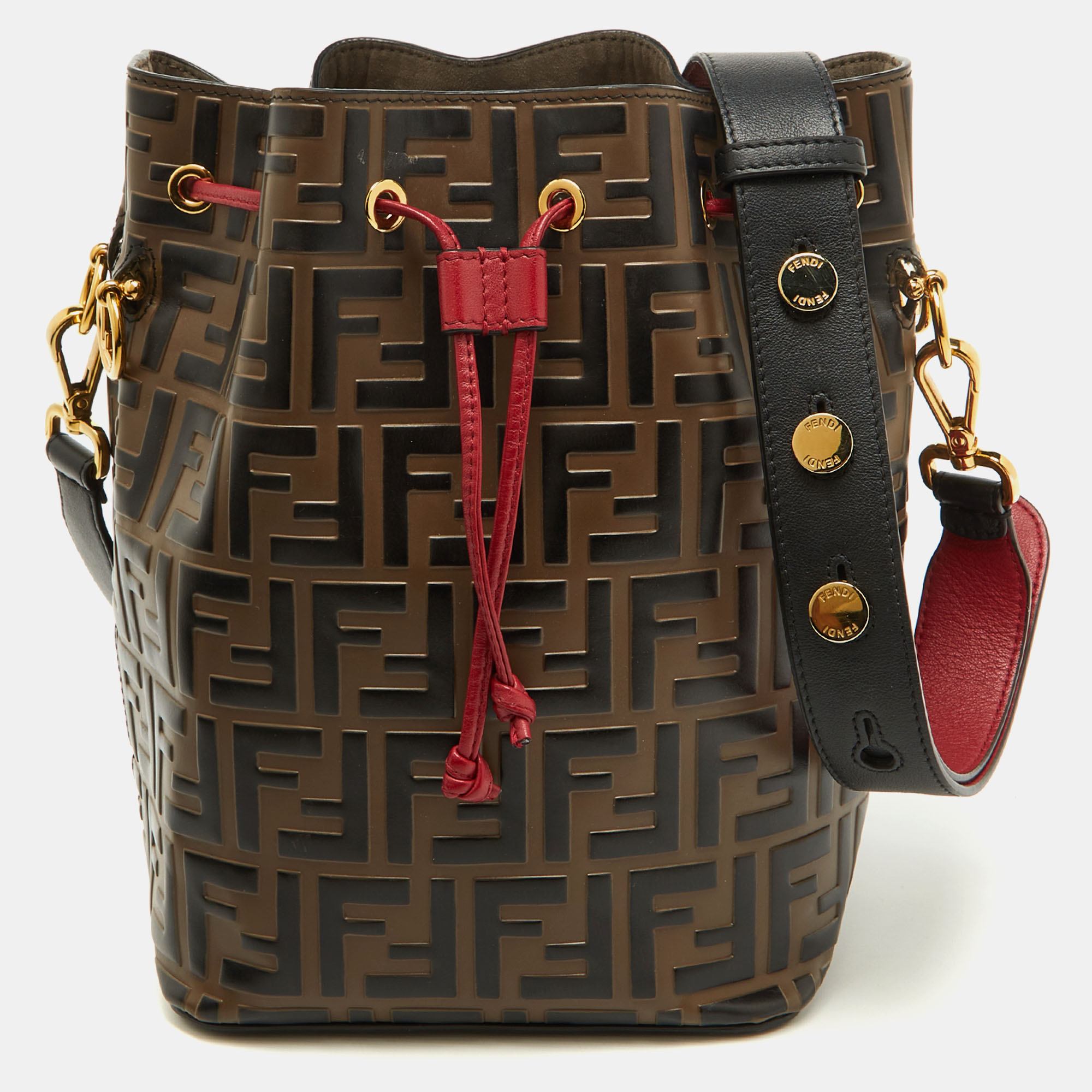 

Fendi Brown/Red Zucca Leather Mon Tresor Bucket Bag