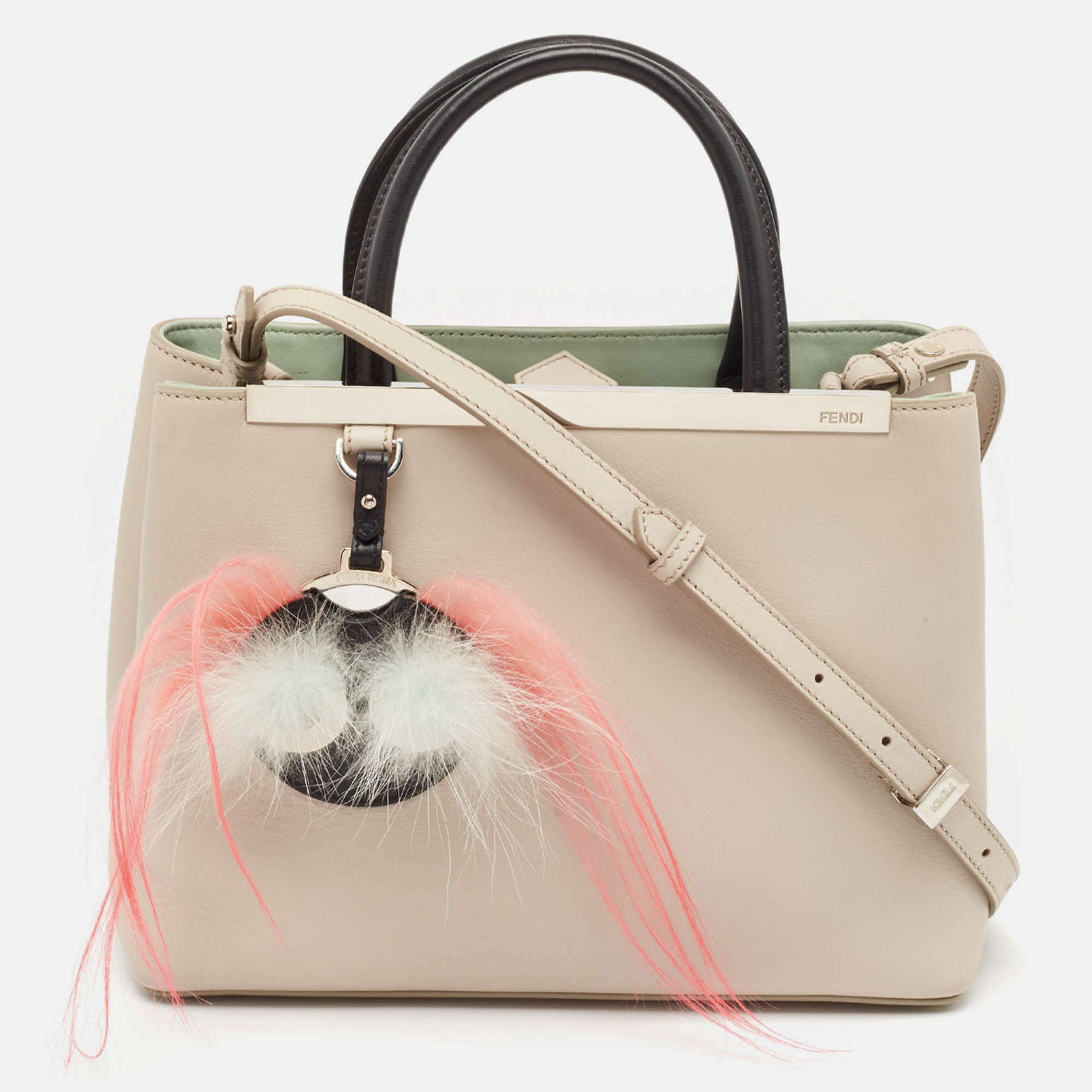 

Fendi Light Beige/Black Leather Petite Monster Fur Sac 2jours Tote