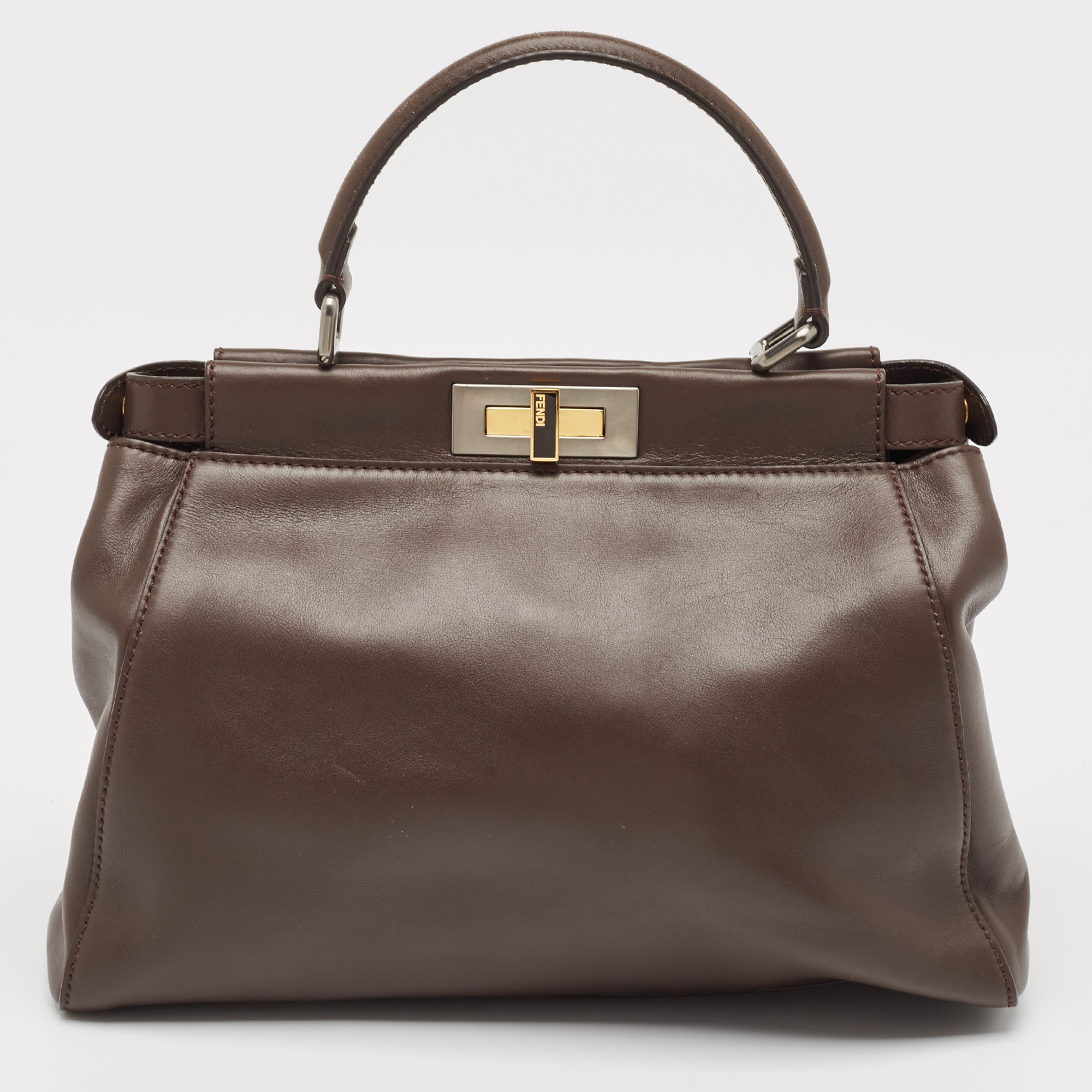 Fendi Dark Brown Leather Medium Peekaboo Top Handle Bag 