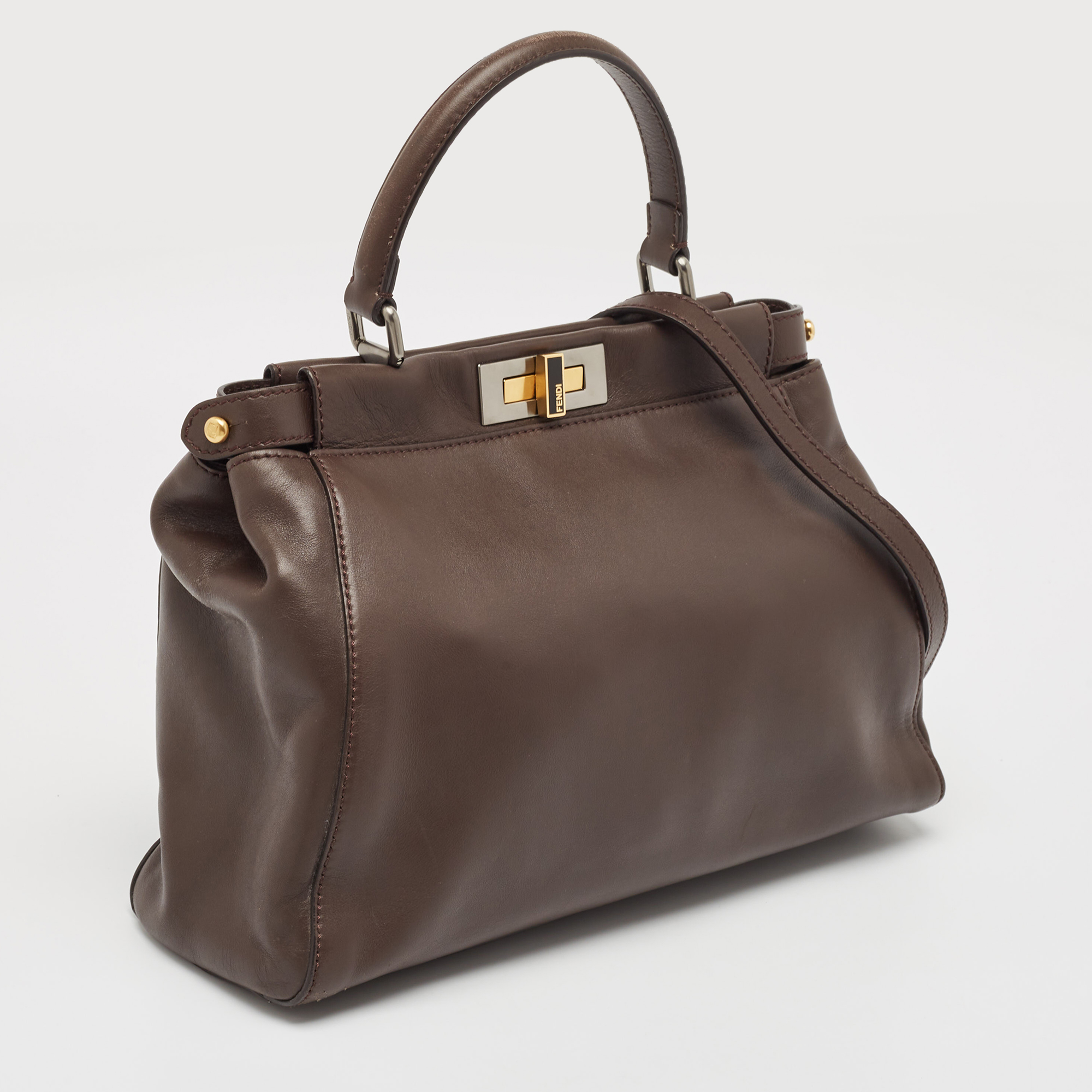 Fendi Dark Brown Leather Medium Peekaboo Top Handle Bag 