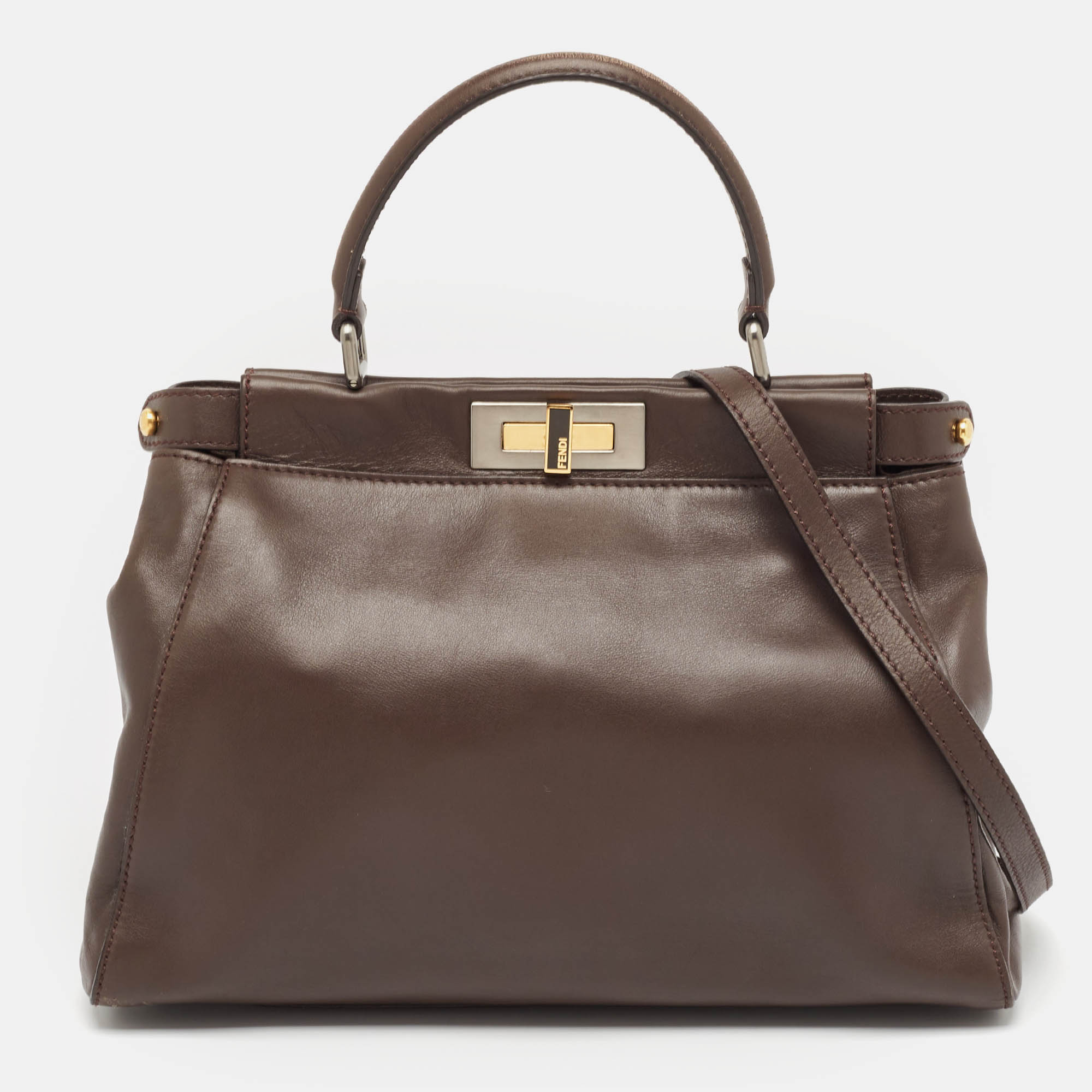 

Fendi Dark Brown Leather  Peekaboo Top Handle Bag