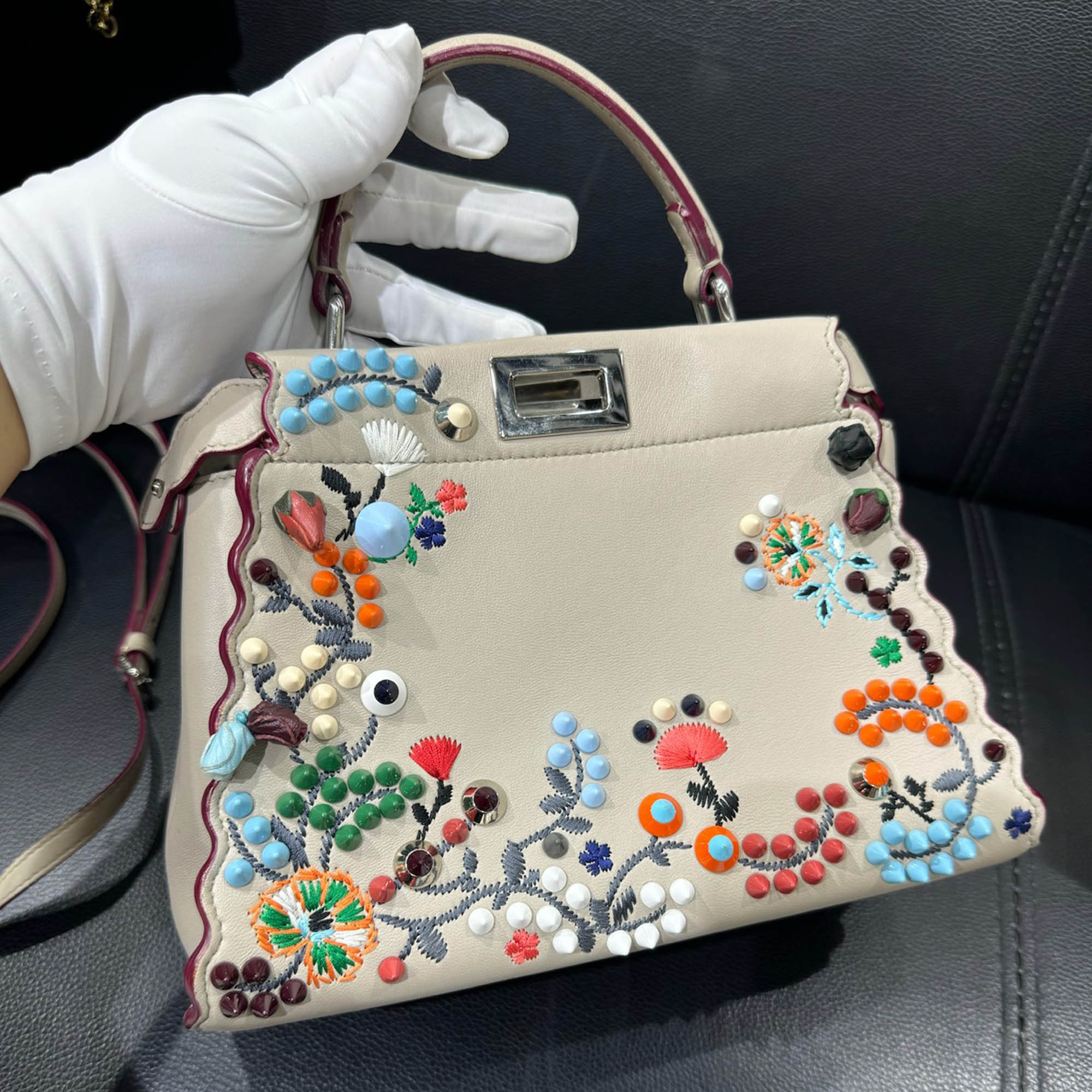 Fendi Grigio Polvere Nappa Embroidered Flower Scalloped Mini Peekaboo Iconic Satchel Bag 