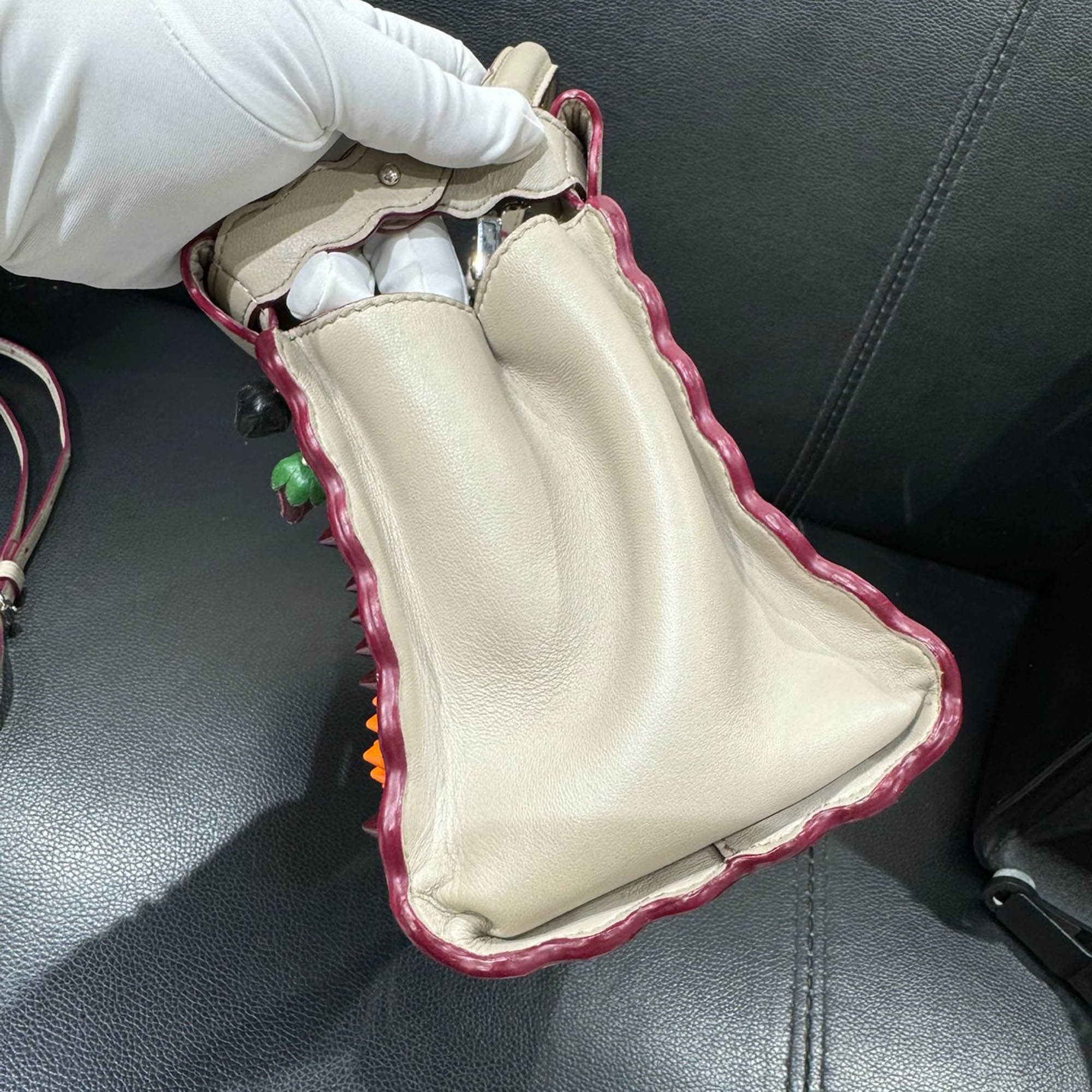 Fendi Grigio Polvere Nappa Embroidered Flower Scalloped Mini Peekaboo Iconic Satchel Bag 