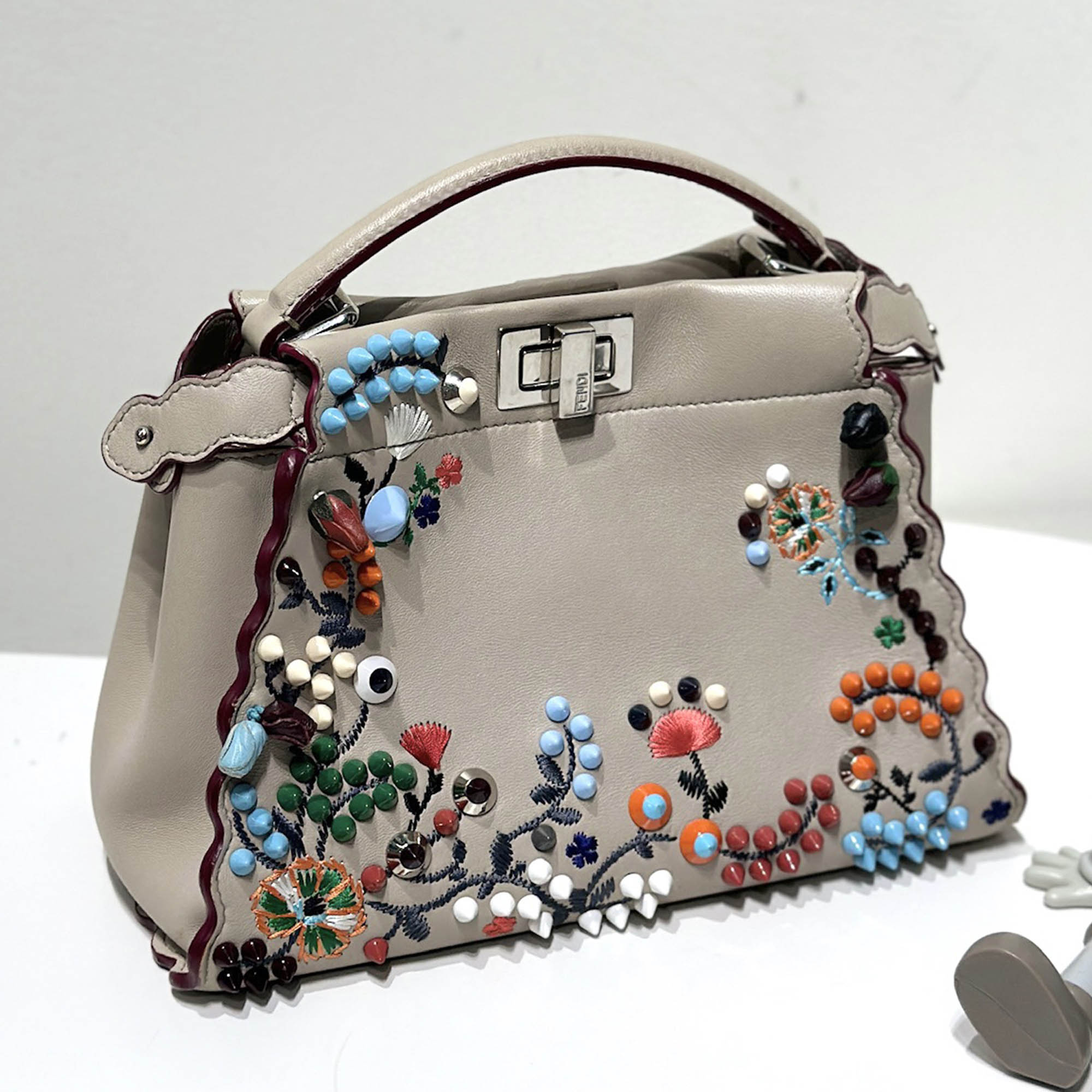 Fendi Grigio Polvere Nappa Embroidered Flower Scalloped Mini Peekaboo Iconic Satchel Bag 