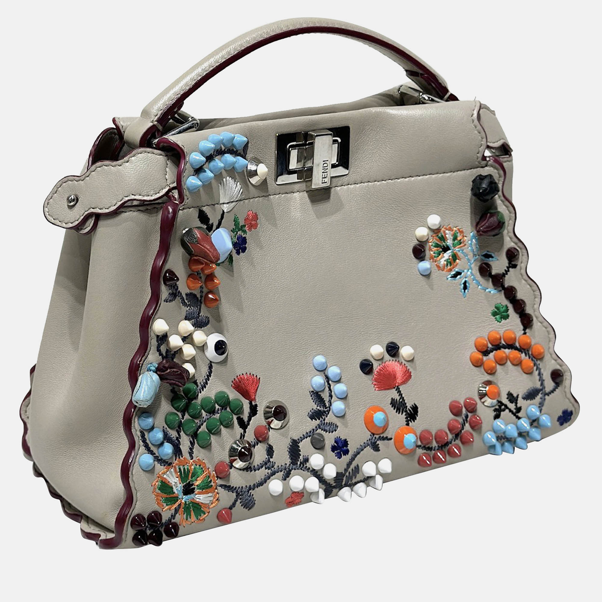 

Fendi Grigio Polvere Nappa Embroidered Flower Scalloped Mini Peekaboo Iconic Satchel Bag, Multicolor