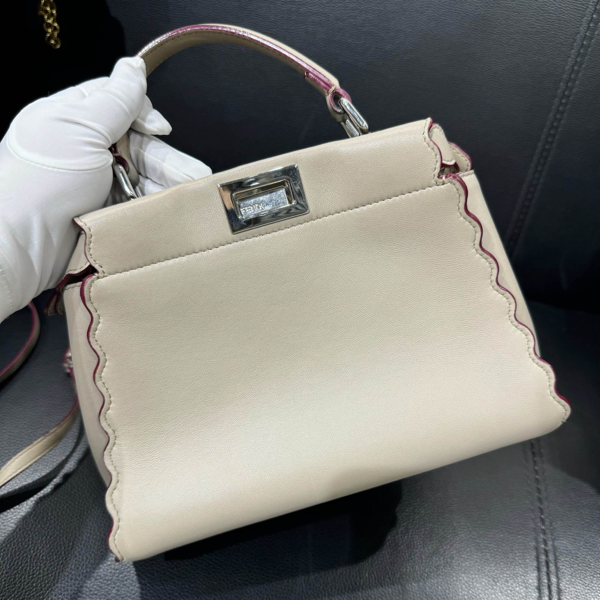 Fendi Grigio Polvere Nappa Embroidered Flower Scalloped Mini Peekaboo Iconic Satchel Bag 