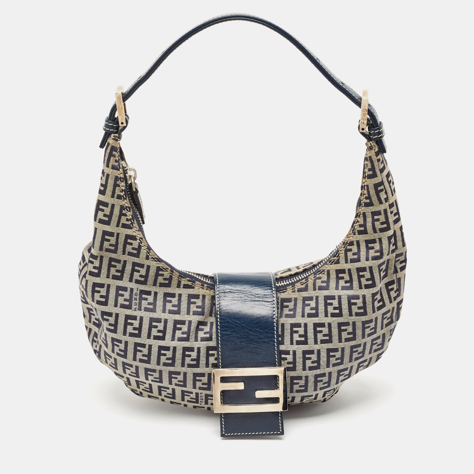 

Fendi Navy Blue Zucchino Canvas and Leather FF Flap Hobo