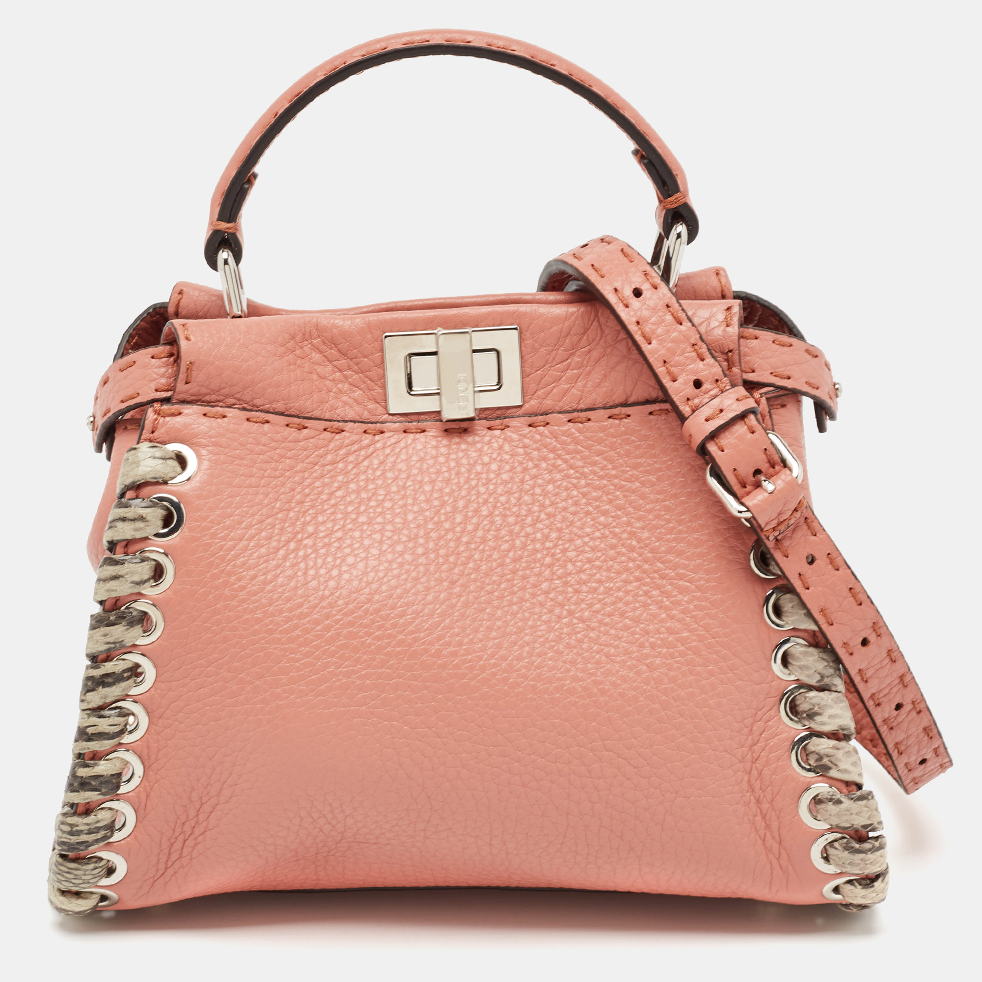 

Fendi Old Rose Leather and Snakeskin Leather Mini Whipstitch Peekaboo Top Handle Bag, Pink